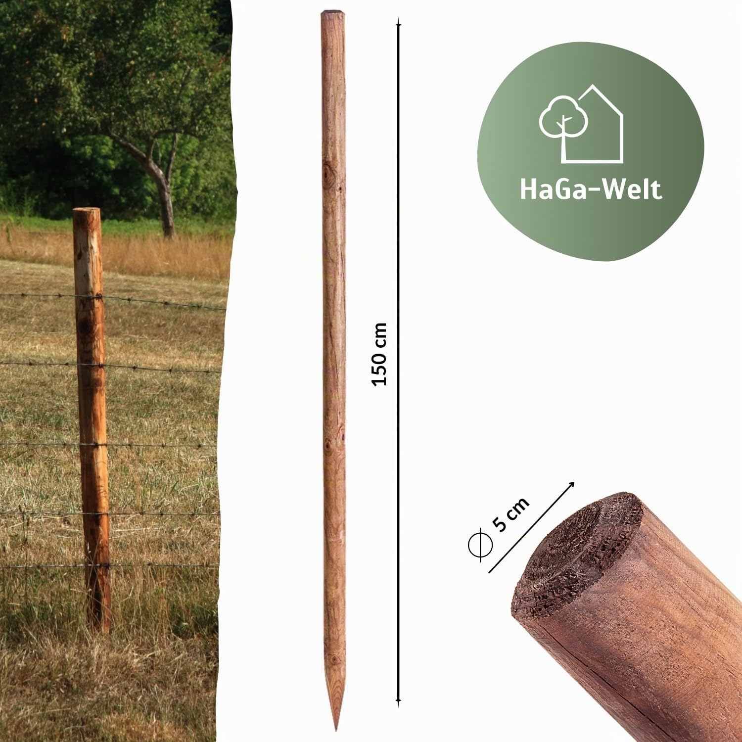 HaGa Lot de 5 piquets ronds en bois de pin pour clôture - Diamètre : 5 cm - Hauteur : 150 cm - Éléments de clôture pour clôture en bois, clôture pour chien, clôture de pâturage, clôture de jardin