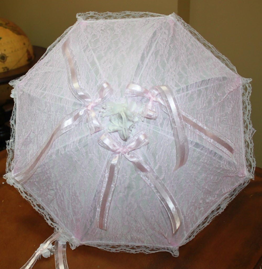 Pink and White Lace Parasol, Bridal or Baby Shower Umbrella with Ribbons and Flowers - 32 Inches