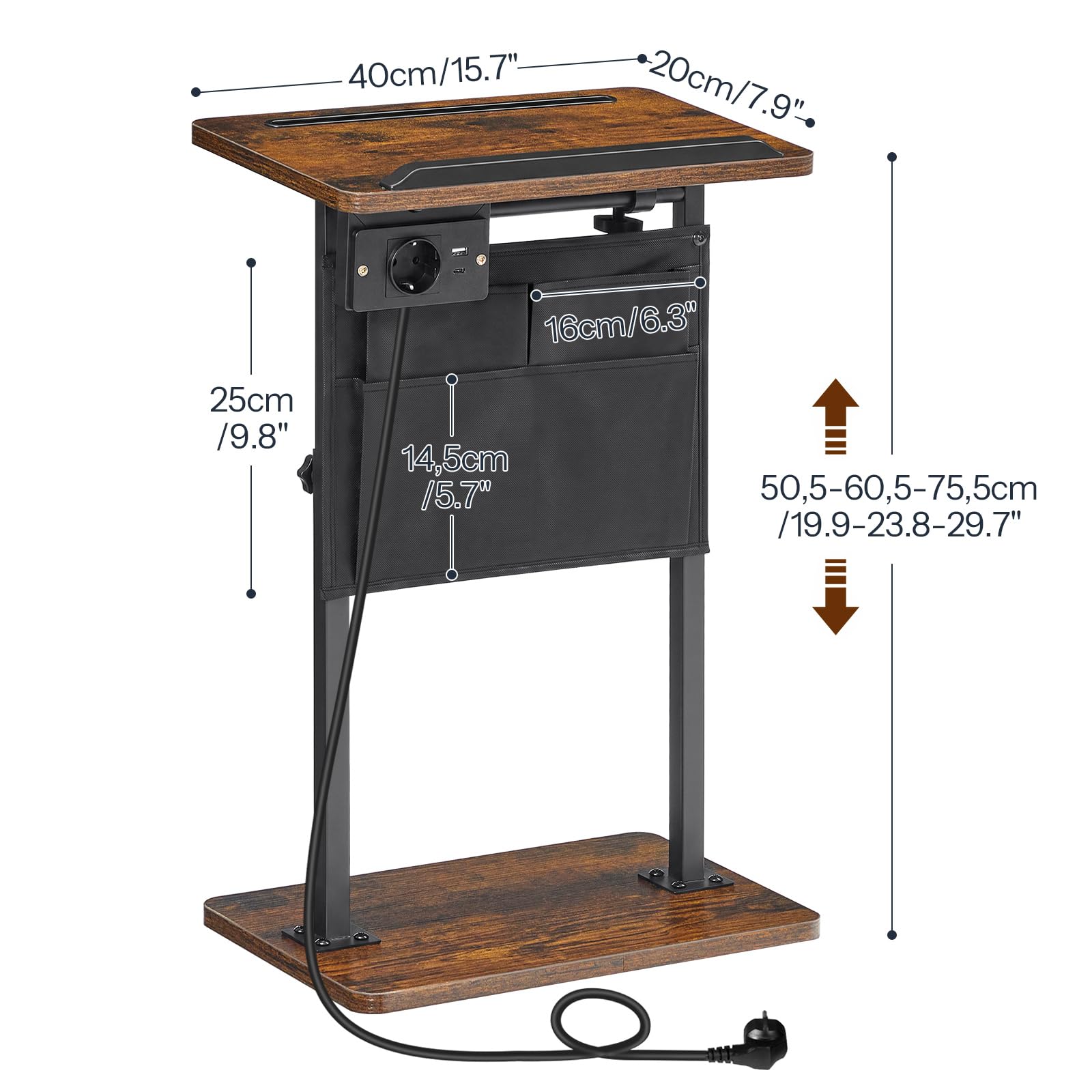 HOOBRO Mesa Auxiliar de Altura Regulable Entre 50,5-75,5 cm y Base de Carga, Mesa de Sofá con Tablero Inclinable, Mesita de Noche con Bolsas y Ranura para Tabletas, Marrón Vintage y Negro EBF435CBZ01