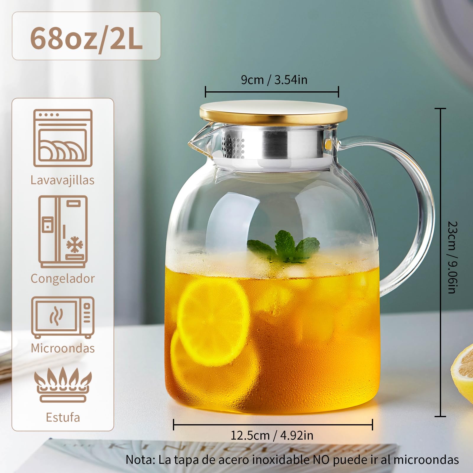 MESNEY Tetera de vidrio de 2 litros con infusor, vidrio de borosilicato resistente al calor, infusor de tetera para té suelto, colador y tapa 2 en 1, apta para estufa