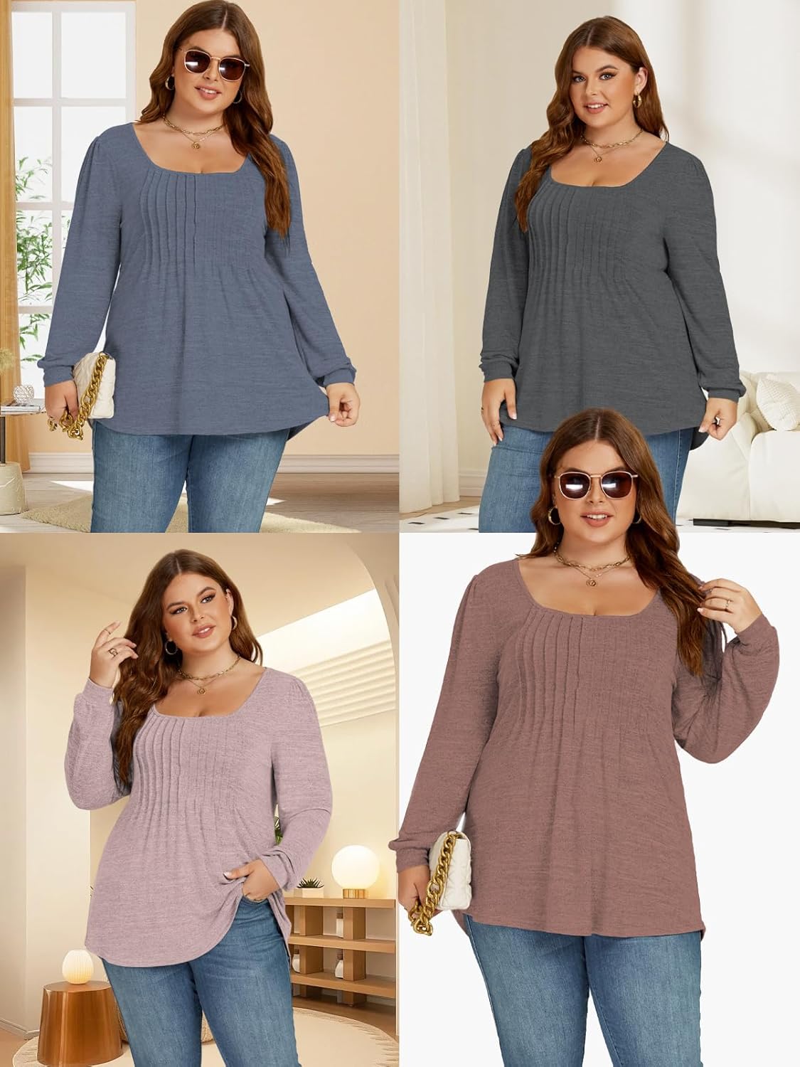 ROSRISS Womens-Plus-Size-Tops Trendy Puff Long Sleeve Shirts Dressy Scoop Neck Loose Fit Blouses Casual Pleated Flowy Tunics - Image 4