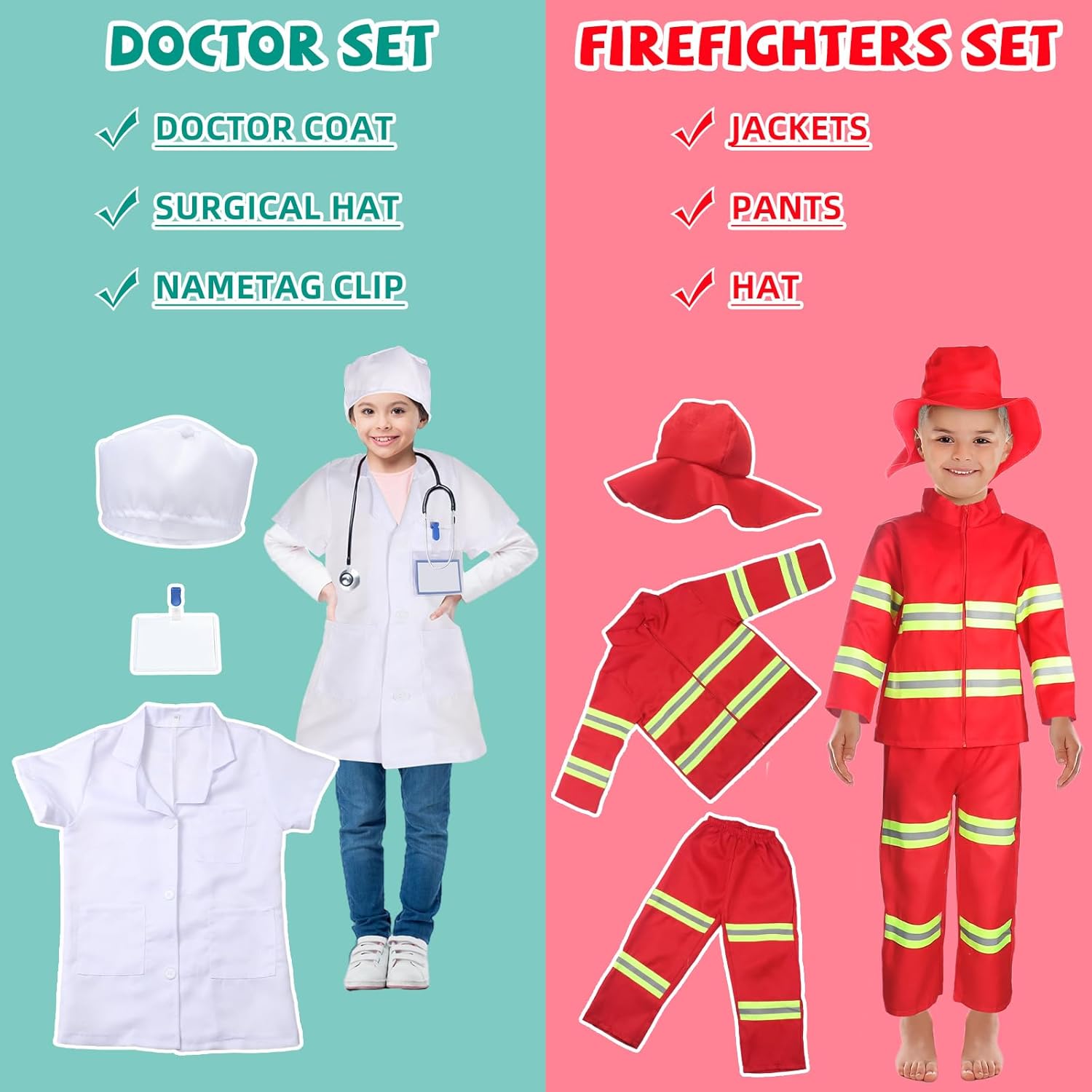 Vicenpal 8 Sets Pretend Play Kids Costumes Set Christmas Gifts Washable Chef Construction Policeman Fireman Doctor Astronaut Costumes for Boys Toddler Girls Kids