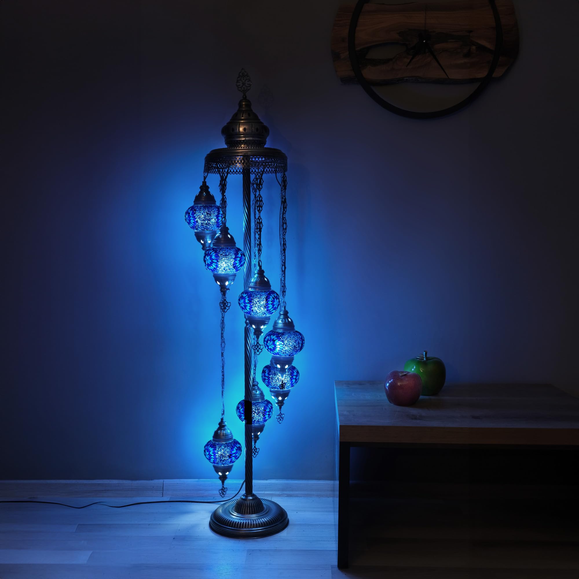 Turkish Floor Lamp, Mosaic Turkish Lamp, 7 GlobeFloor Lighting Standing Decorative Home Modern Designs Offer Handmade Glass 5 inch Globe - Total Dimensions 18 x 18 x 60 inch (Blue)