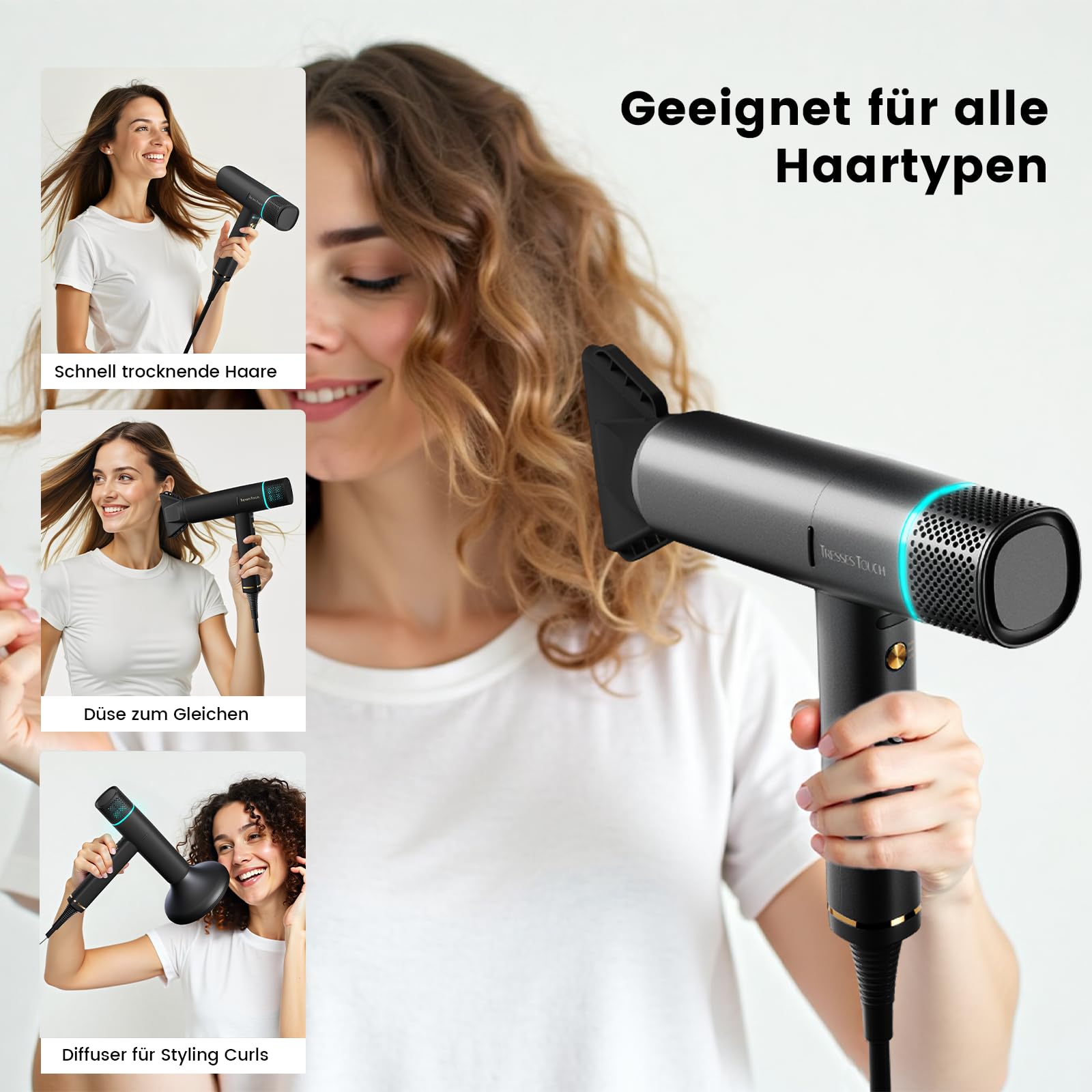 Föhn Ionen Haartrockner, 150000 U/min Fön mit Diffusor für Frauen & Männer, Schnelltrocknen mit 3 Temps/2 Geschwindigkeiten, Leicht für Heimreisen, Gleichmäßige Hitze, Geräuscharm, Schwarz