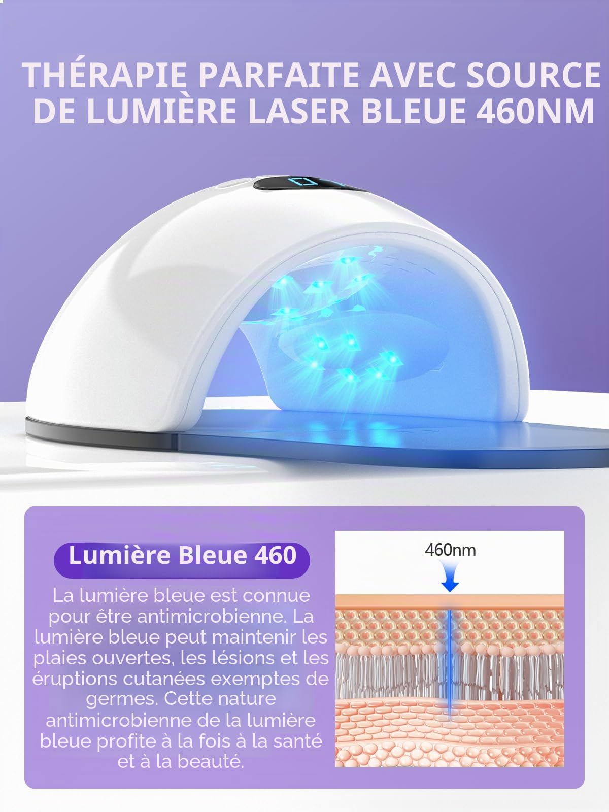 iKeener Appareil laser thérapeutique pour doigts et orteils, sessions 5/7/10 min, nettoyage laser ongles, onychomycose, lumière bleue 30 x 460 nm