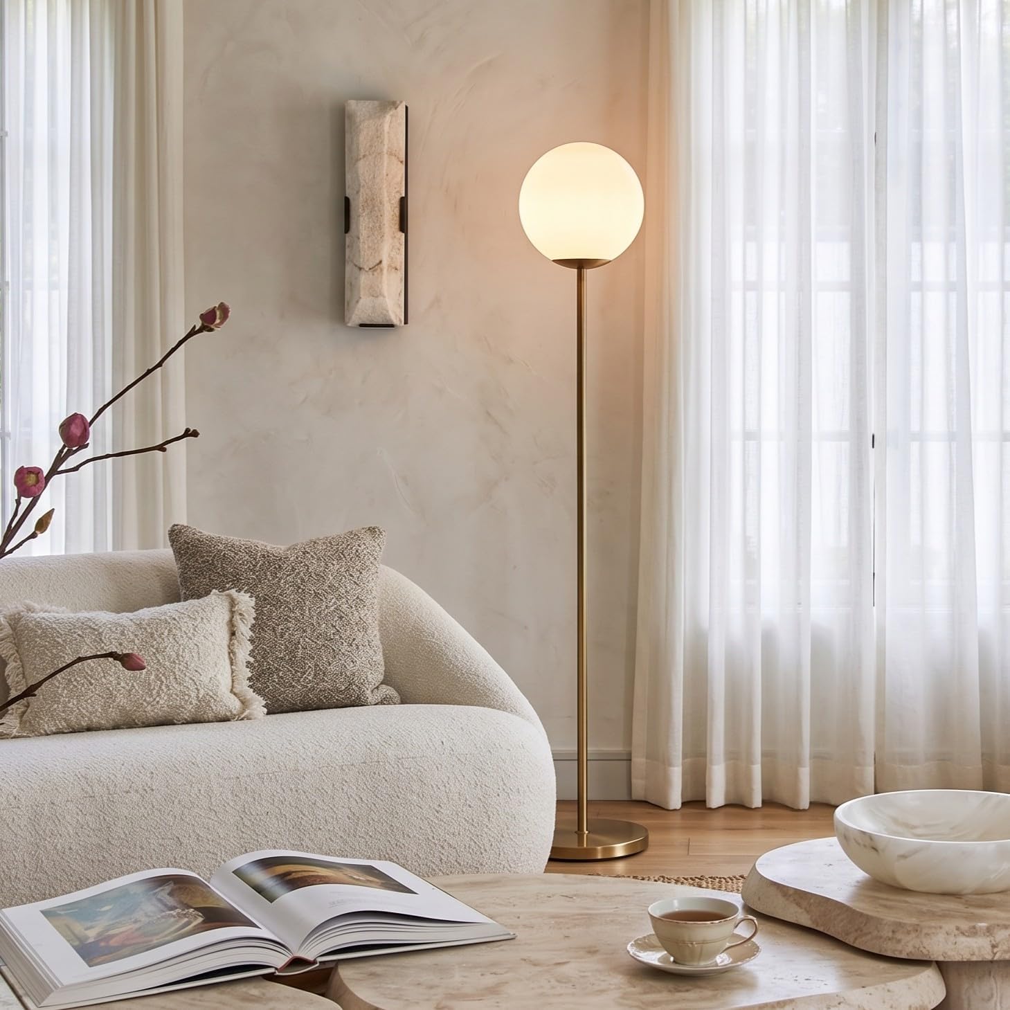 Brightech Luna LED Floor lamp, Modern Lamp for Living Rooms & Offices, Great Living Room Décor, Tall Lamp with Frosted Glass Globe, Mid Century Standing Lamp for Bedroom Reading - Brass/Gold