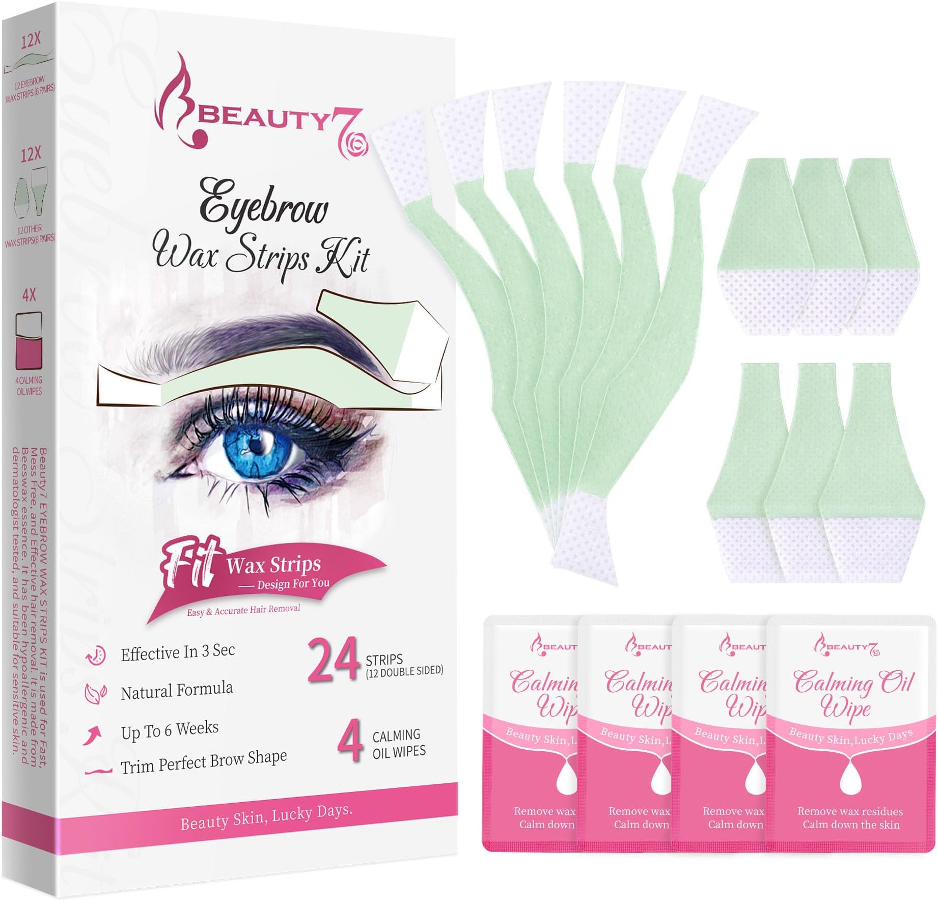 Beauty7 Pre-cut Eyebrow Waxing Strip for Face, 24 Count with 4 Finish Wipes | Perfect for brows & lip. Ready-to-use cold wax strips. Natural & gentle formula. Oil wipes included to clean wax residue.