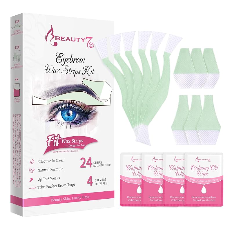 Beauty7 Tiras de cera facial para sobrancelhas e pelos faciais, 24 tiras e 4 lenços com óleo