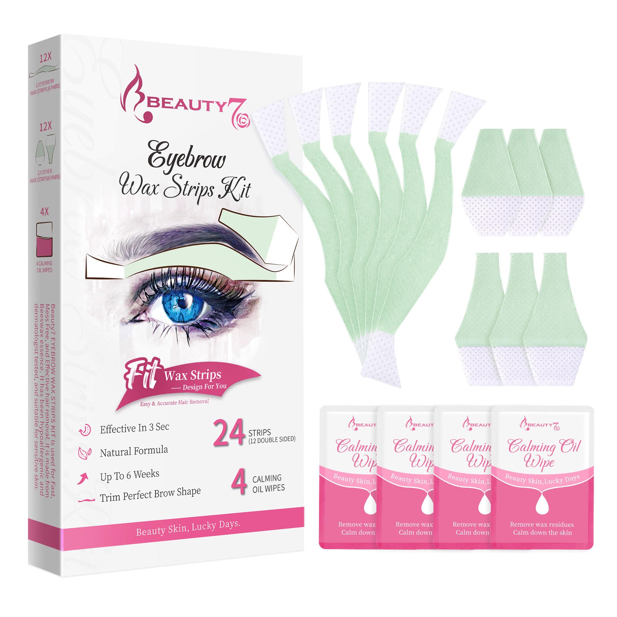Beauty7 Cold Waxing Wachsstreifen für Gesichts Waxing Augenbrauen Waxing zu Hause, 24 Wachsstreifen mit 4 beruhigenden Tüchern, für alle empfindlichen Hauttypen Frauen
