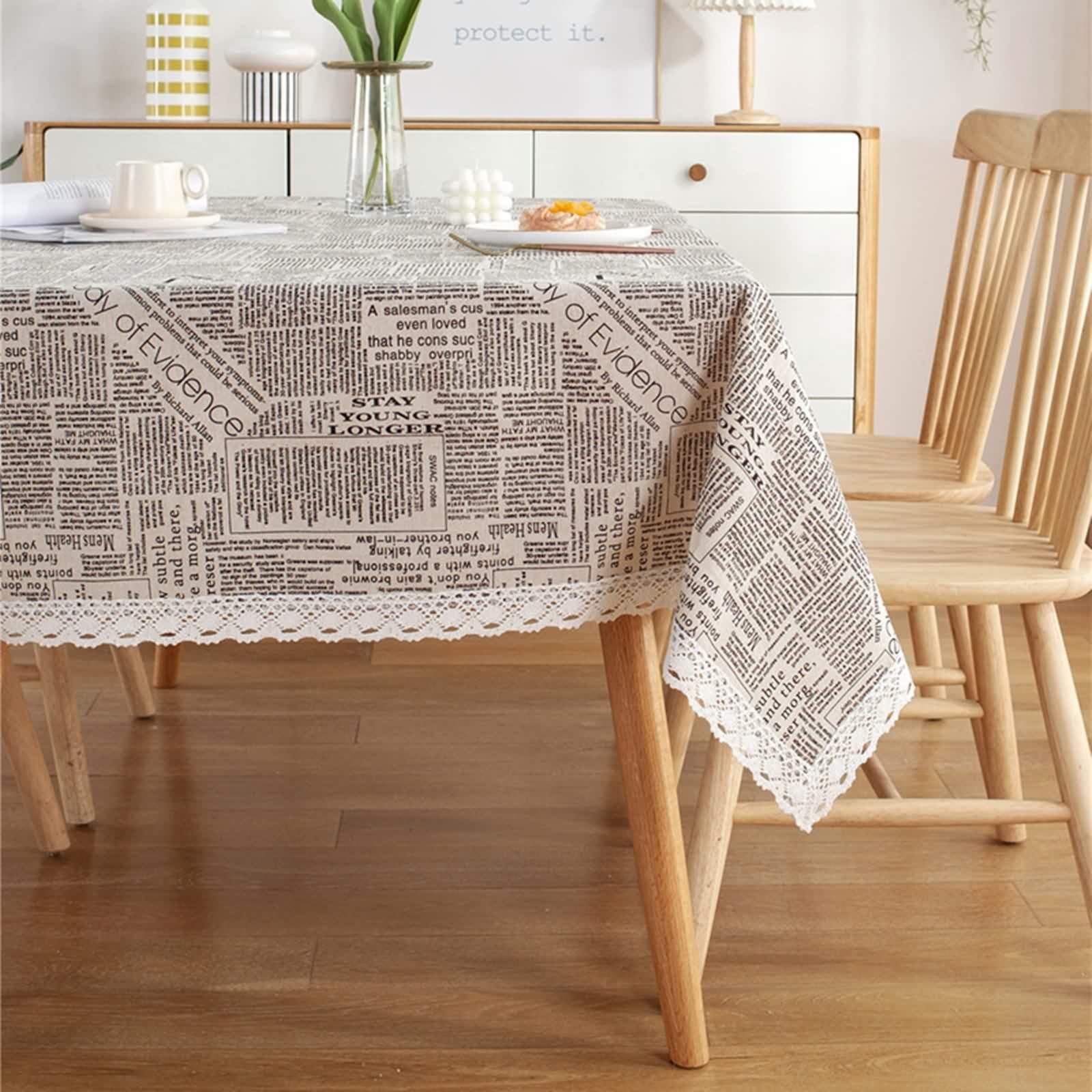Tovaglia Cucina Rettangolare, Tovaglia 140X180 Beige Nero Cotone Poliestere Lettera Stampata Copritavolo per Soggiorno