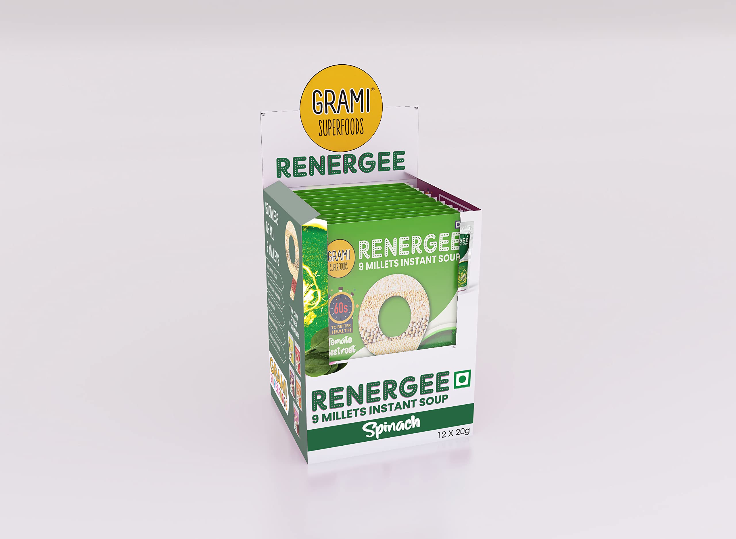 Grami Superfoods RENERGEE Millet Spinach Instant Soup Packets - Nutritious and Delicious Gluten-Free Soup Powder (20g*12 Pack) - Image 3 thumbnail