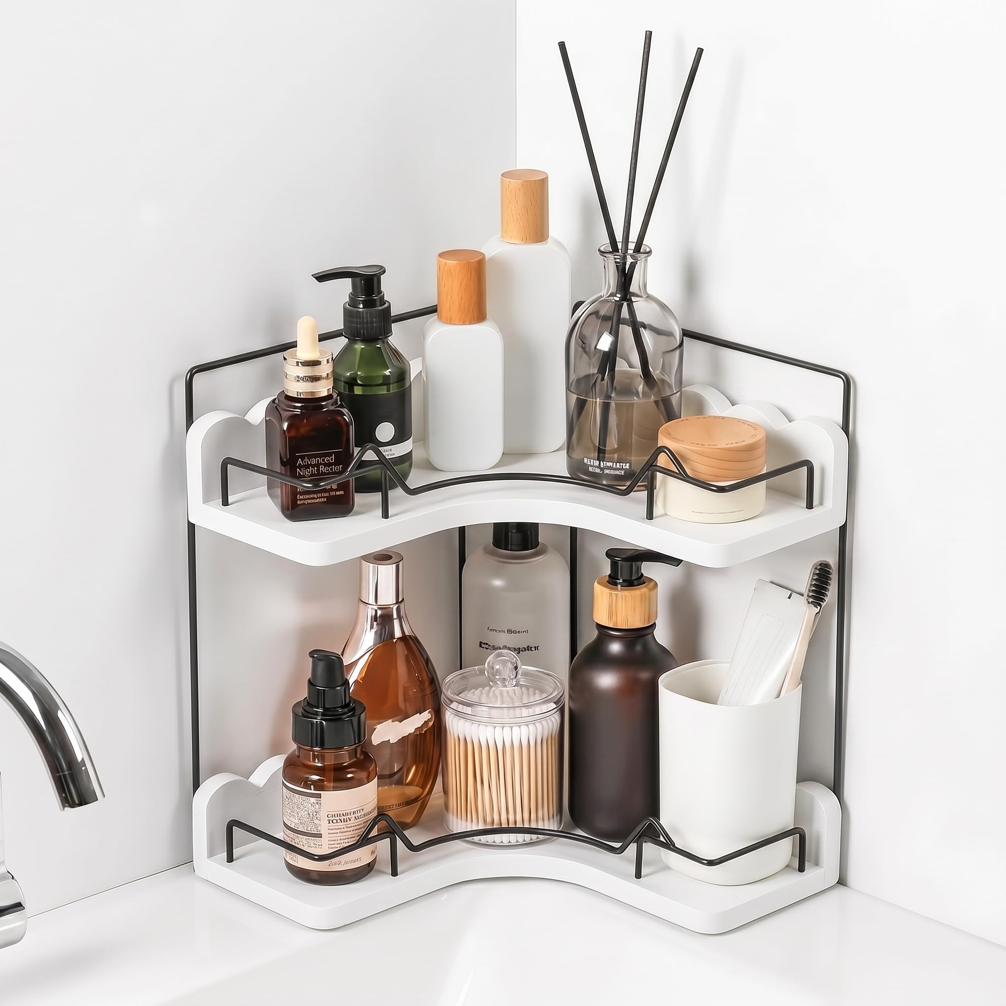 2-Tier Solid Wooden Corner Organizer with Elegant Scalloped Edge, Modern Stylish Shelf for Bathroom Vanity & Kitchen Countertop Storage, Moisture-Resistant with Anti-Fall Fences & Anti-Slip Pads