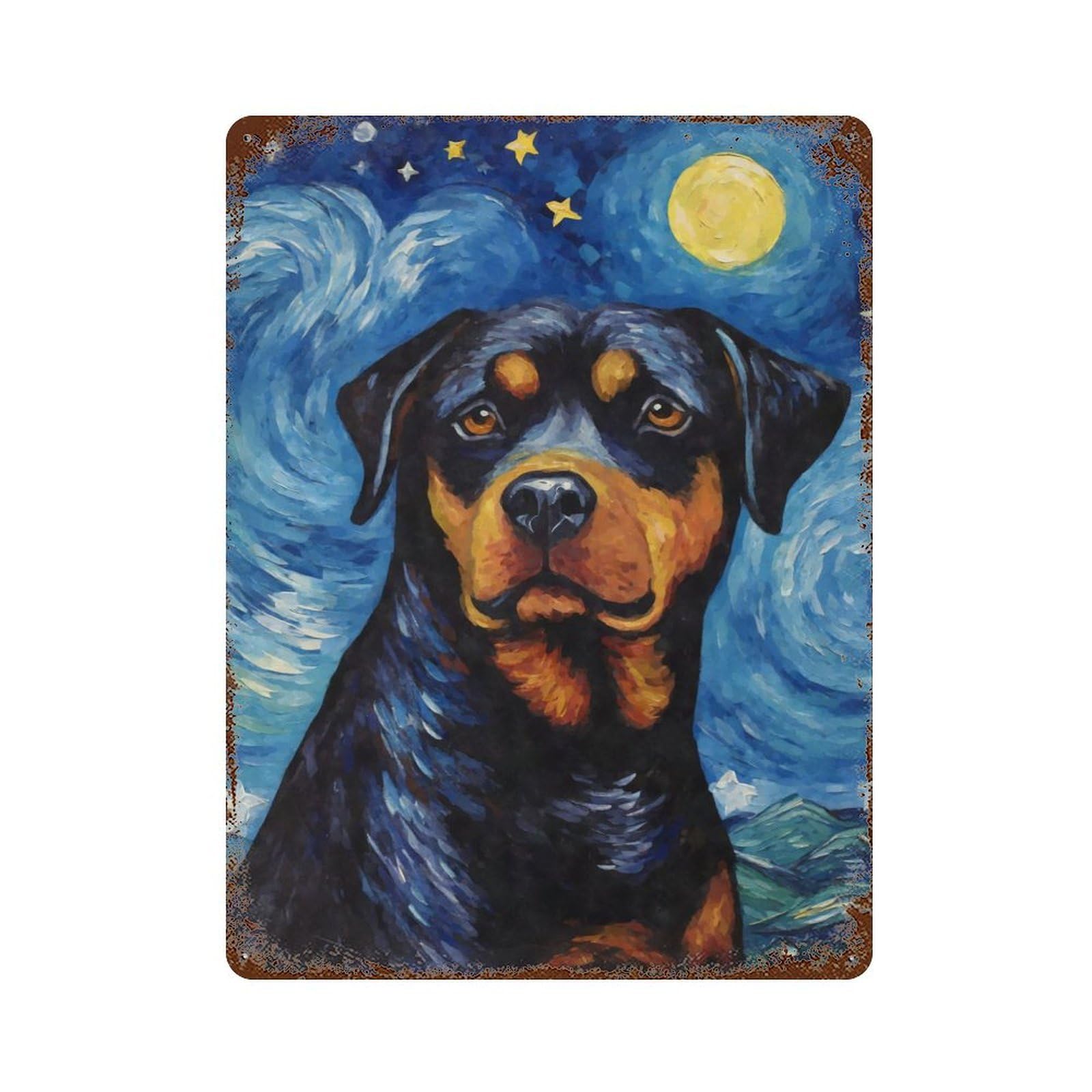 Vintage Rust Metal Sign Rottweiler Starry Night 15.7"x11.8", Decorative Metal Wall Art for Basement, Hobby Room And Garage Decor