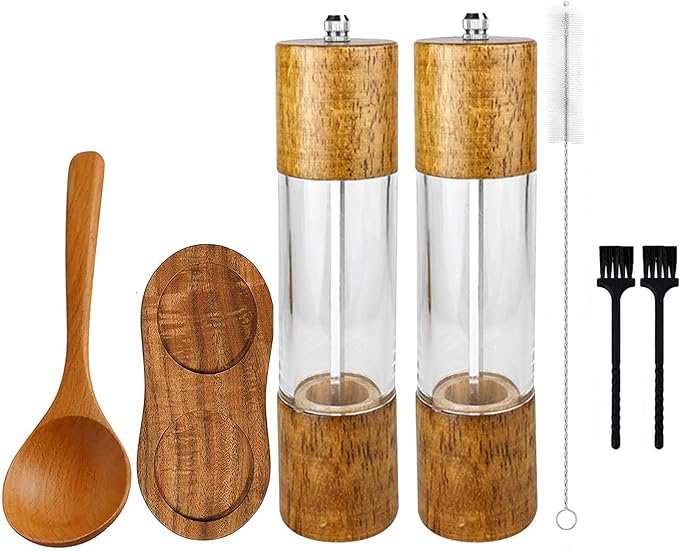 Salz und Pfeffermühle Holz, 2 Stück Set Salzmühle Holz, Pfeffer Mühle mit Untersetzer e Löffel, Manuell Gewürzmühle Verstellbarem, Wiederverwendbar Keramischer Kern Mahlwerk, für Gewürze, Pfeffer