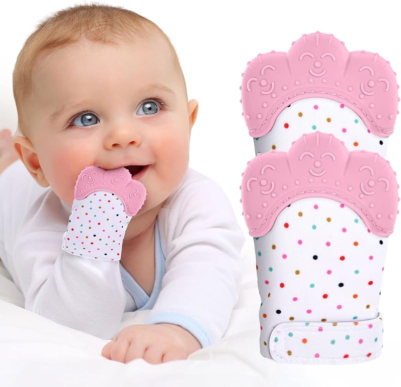2Pack Silicone Teething Mitt, Soothing Infant Teething Mitten Pain Relief, Prevent Scratches Glove, Safe Silicone Teething Toys for 0-12 Months