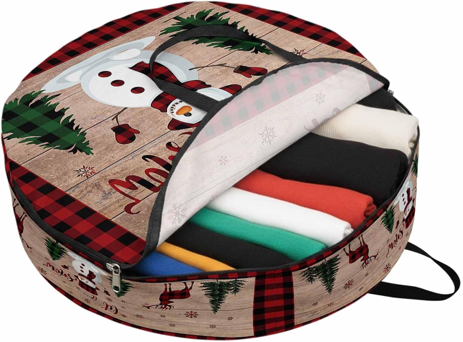 Christmas Sowman Round Storage Bag 30 Inch, Vintage Wood Grain Clothes Storage Container with Handles Heavy Duty Organizer for Comforter, Bedding & Holiday Wreaths