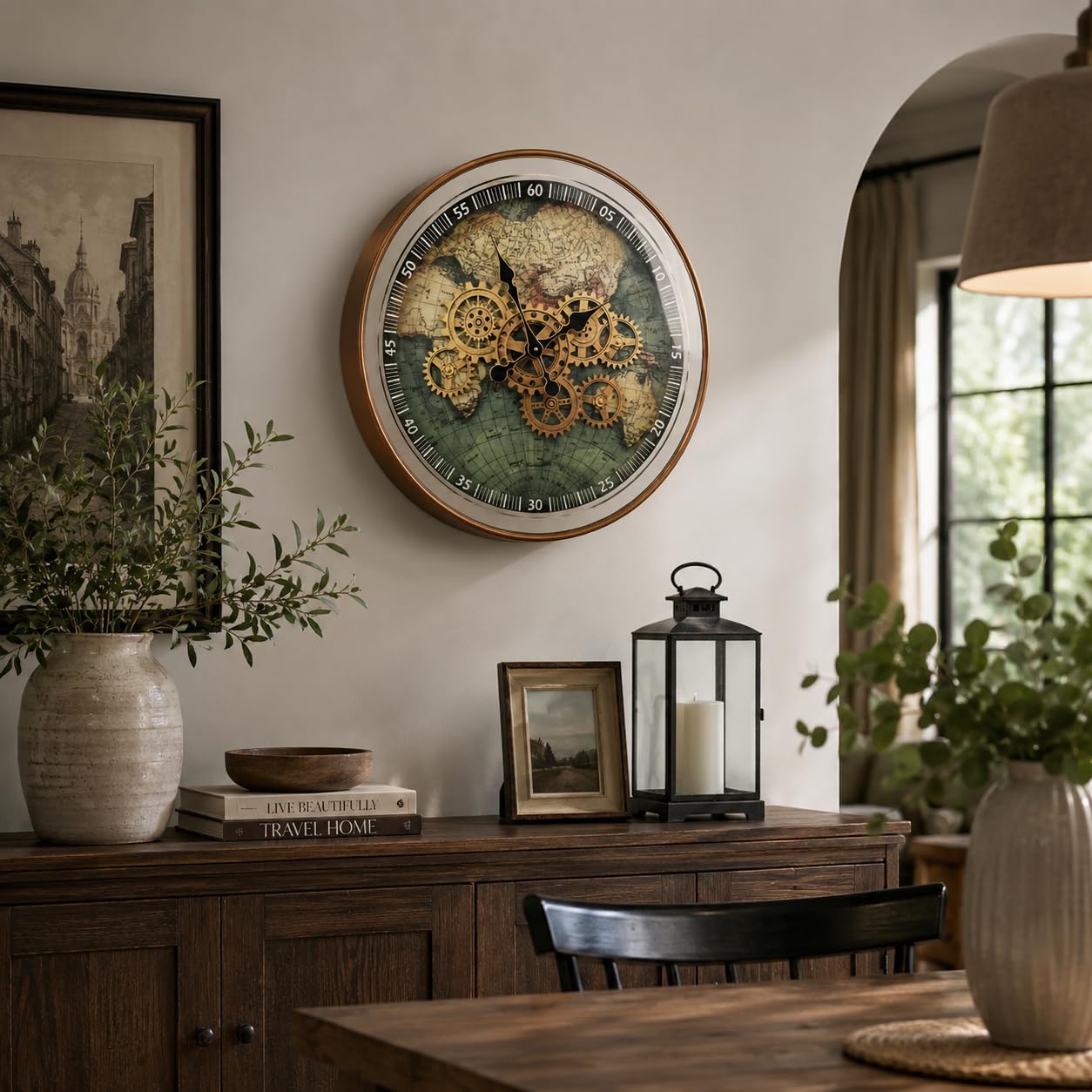 Orologio da parete in metallo con mappa del mondo, 23 pollici, con ingranaggi mobili reali | Orologio a specchio decorativo Steampunk per soggiorno moderno casale ufficio cucina Art Decor,Reloj De Pared Para Sala