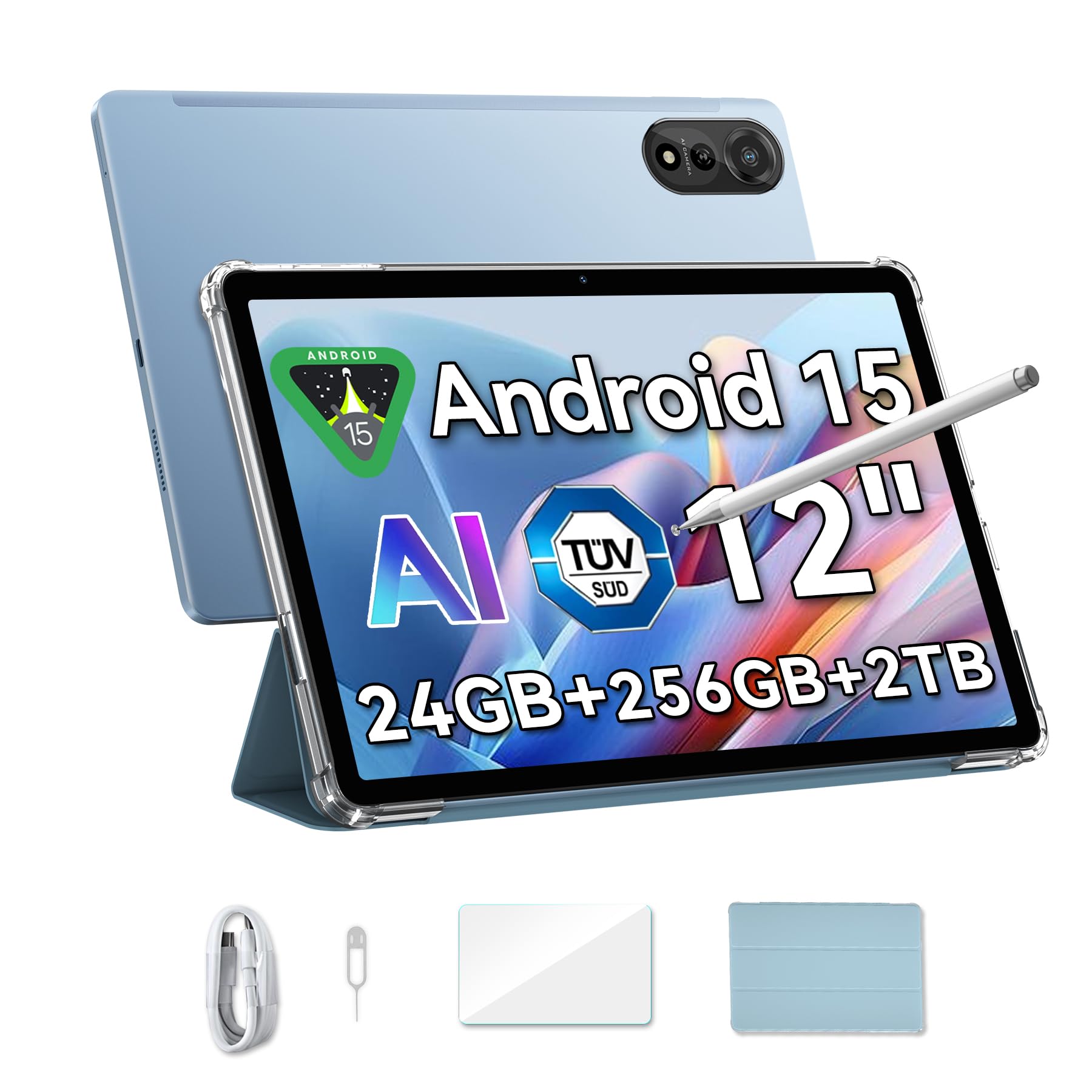 Blackview Mega2 Tablet 12 Pollici Android 15, 24GB RAM+256GB ROM(TF 2TB), 2K FHD IPS Display Gaming Tablet, Dual 4G LTE+5G WiFi,Octa Core T615, 9000 mAh,WideVine L1, Face ID, GPS Con Custodia & Penne