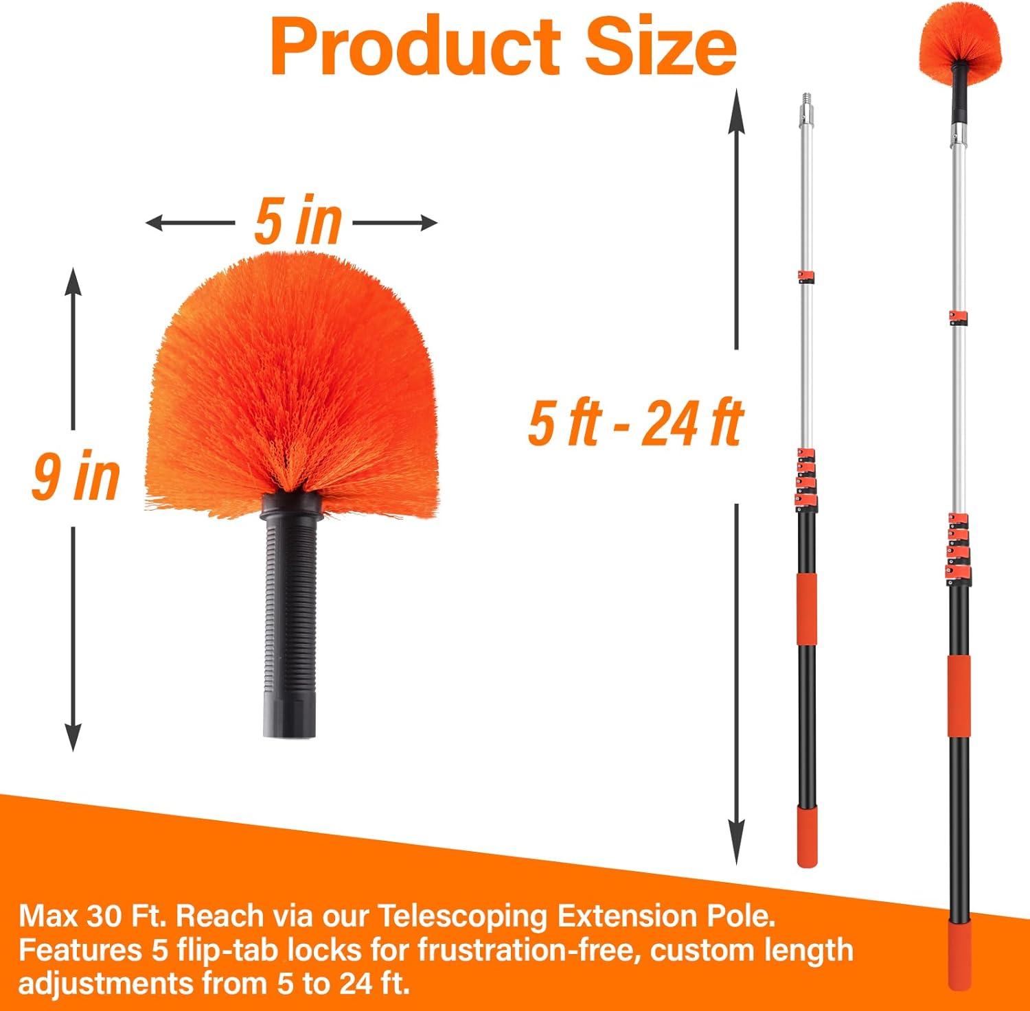 30FT Cobweb Duster with Extension Pole - High Reach Duster for High Ceilings & Outdoor Use - Telescoping Pole 5-24 Ft, Soft Bristles Cobweb Cleaner - 3/4" Acme Universal Thread