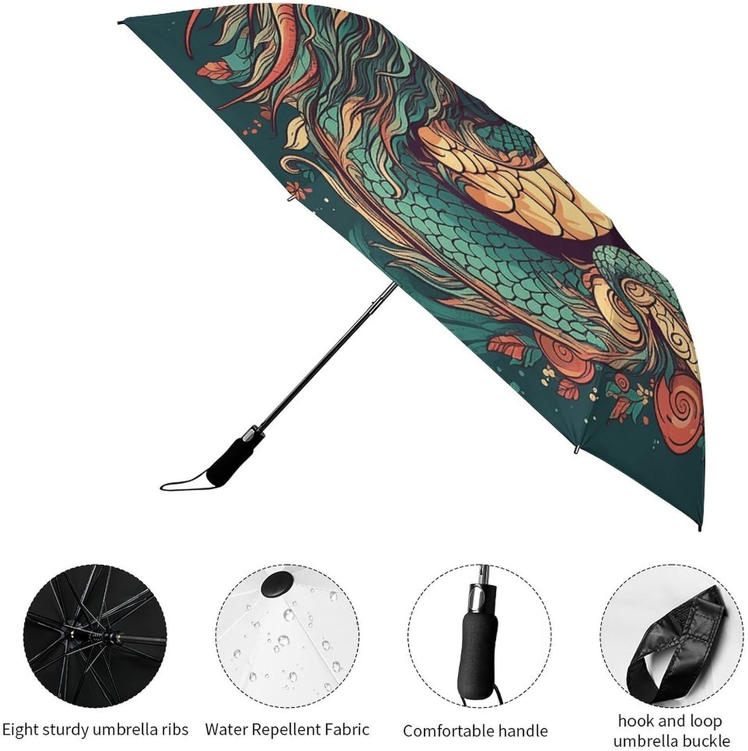 Oriental Dragon Pattern Umbrella for Rain Golf Umbrella | 43.3 inch Travel Portable Automatic Folding Umbrella for Rain Lightweight Travel Umbrella for Women Men