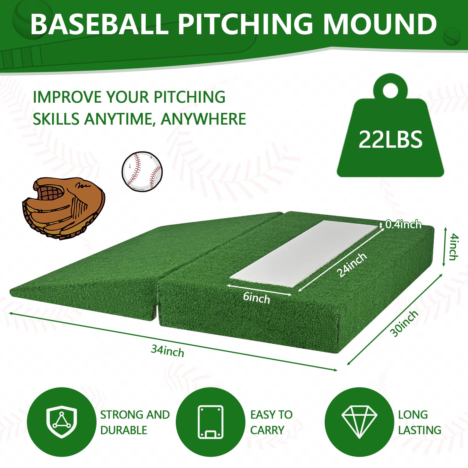 Pitching Mound, Portable Pitchers Mound 34'' x 30'' x 4'' with Pitching Rubber, Anti-Fade Turf and Carry Handles, Foldable Wooden Pitchers Mound for Baseball Softball Pitching Training