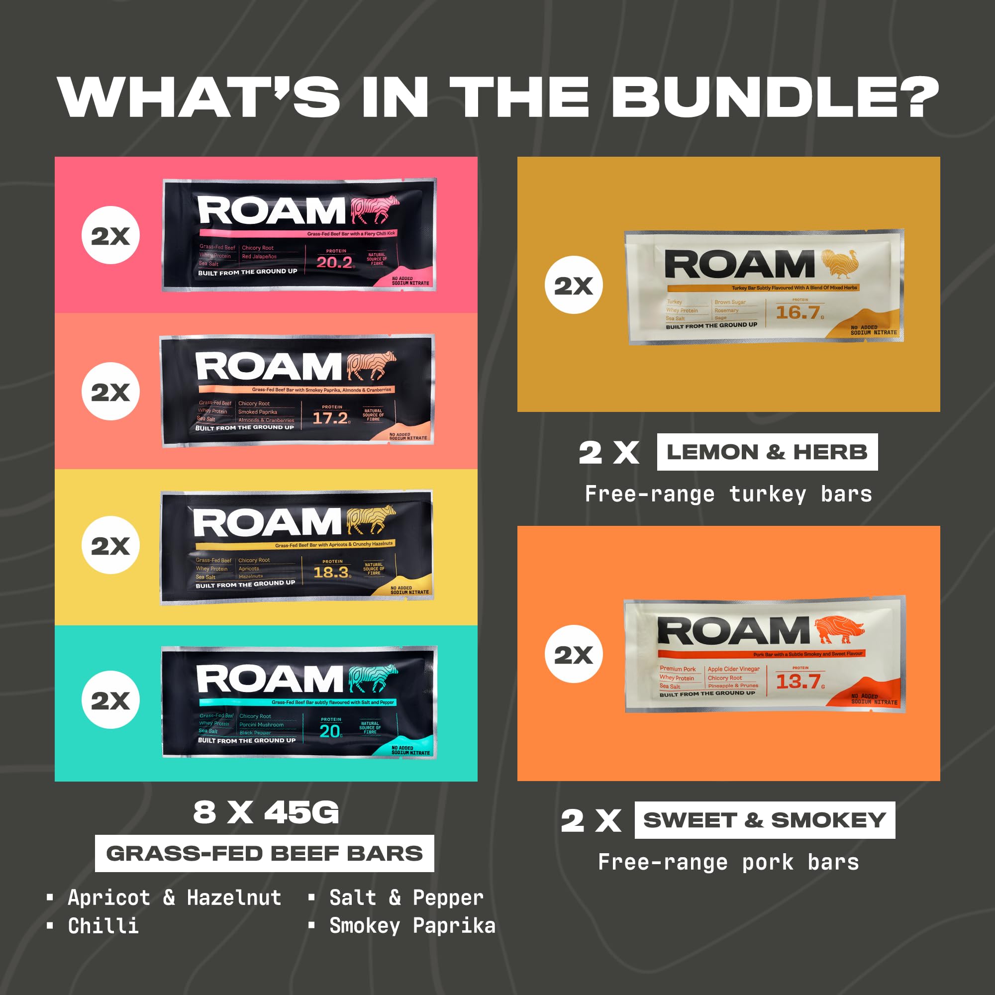 Roam Natural Proteinriegel, 12 x 45g Gesunde Snacks – Ideal für Carnivore Diät, Glutenfrei & Keto-freundlich – Mix aus Weiderind-Fleischriegeln (12 x 45g Bars)
