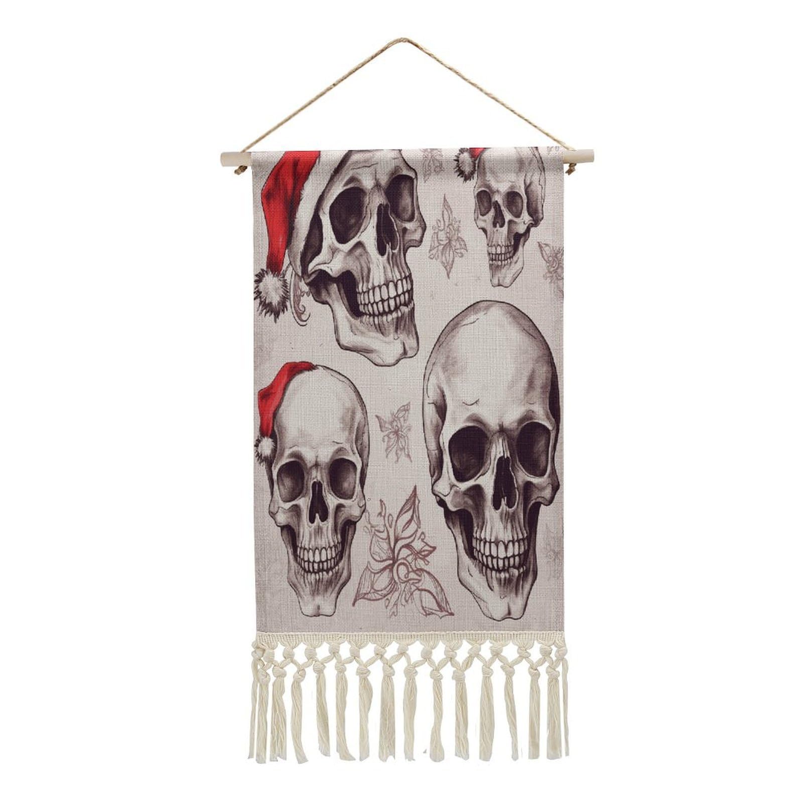 Adfgyerh Style Sketchy Skulls Tapestry With Tassels Cotton And Linen Hanging Posters, Wall Art For Travel Gift, Wall Tapestry For Office Home Decor Bedroom Living Room Decor