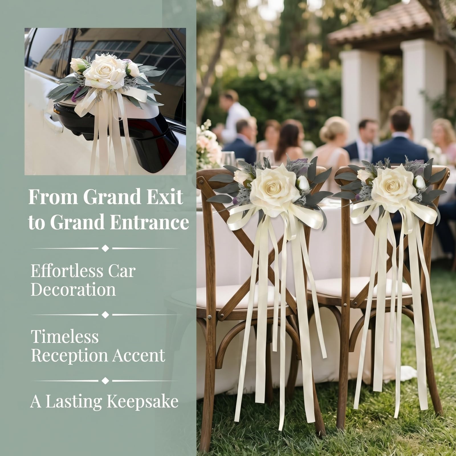 Naapesi Set di 2 Decorazioni Floreali per Specchietti Retrovisori Matrimonio Bianco Latte - Eleganti Fiori Artificiali con Nastri per Auto degli Sposi - Addobbi Auto Matrimonio Raffinati