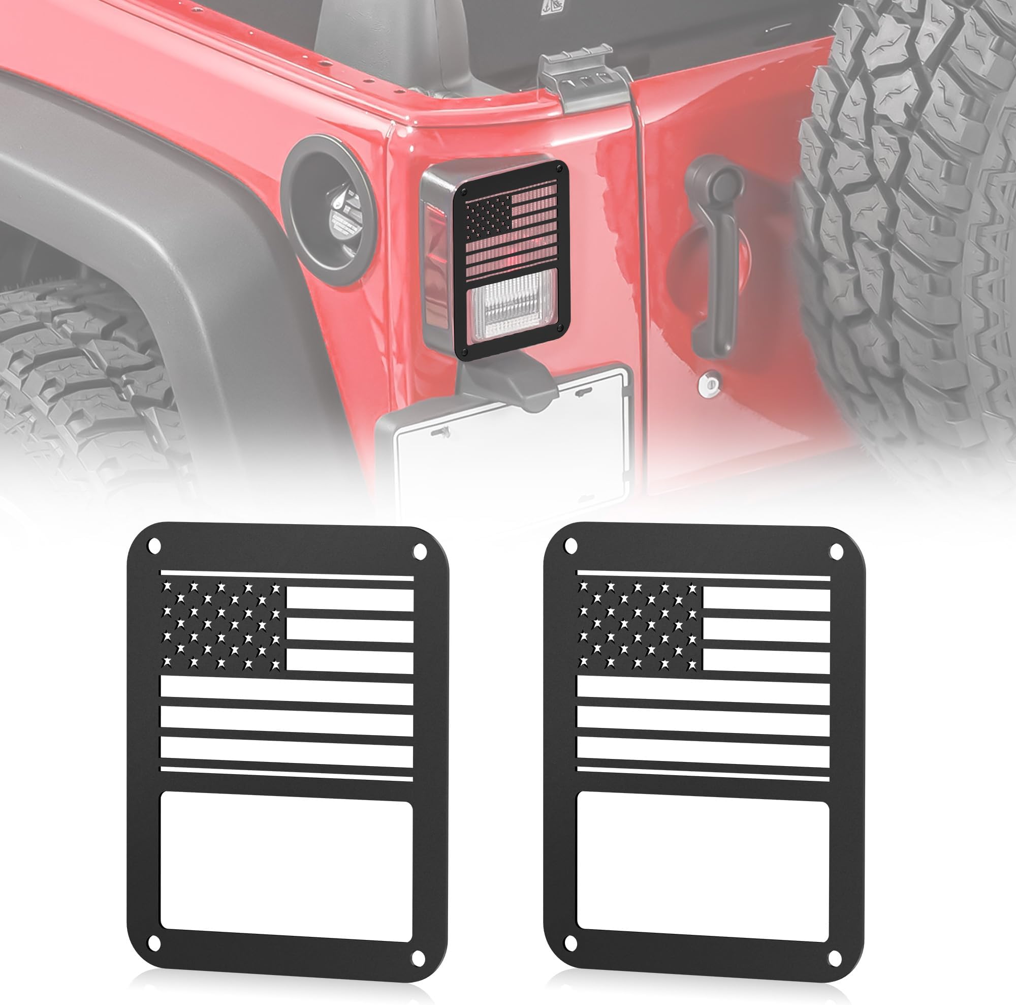 Tail Light Cover US Flag Pattern Taillight Guard Compatible with 2007-2018 Jeep Wrangler JK JKU Unlimited 2/4 Doors Rear Tail Lamp Protector, Black (2PCS)