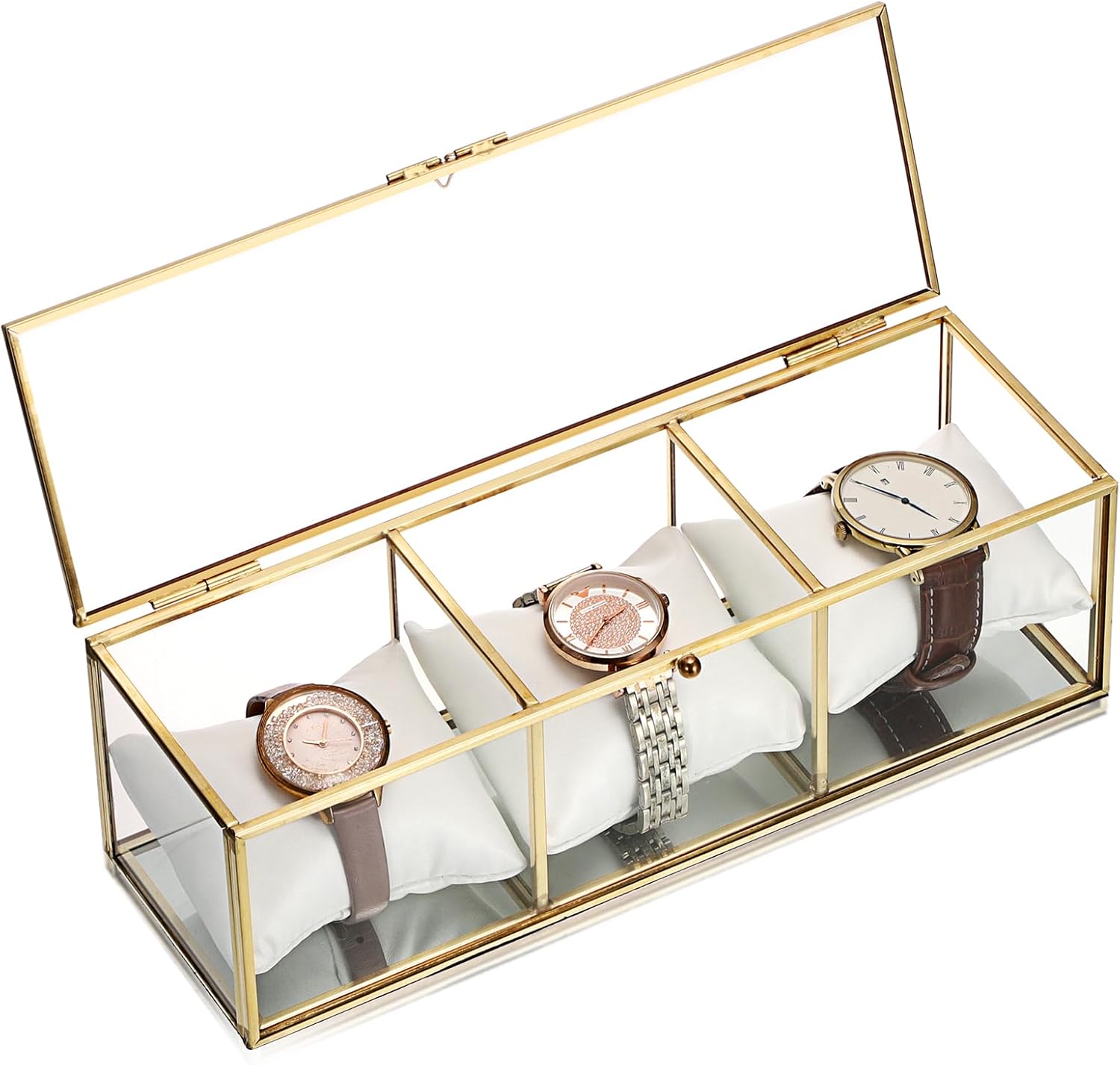 JUXYES Clear Glass Watch Display Case with 3 Slots, Luxury Brass Glass Watch Organizer Holder Stand with White Watch Pillow, Modern Transparent Watch Collection Box for Men and Women, Gold