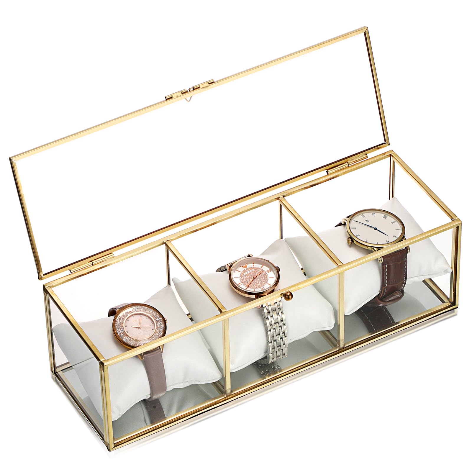 JUXYES Clear Glass Watch Display Case with 3 Slots, Luxury Brass Glass Watch Organizer Holder Stand with White Watch Pillow, Modern Transparent Watch Collection Box for Men and Women, Gold