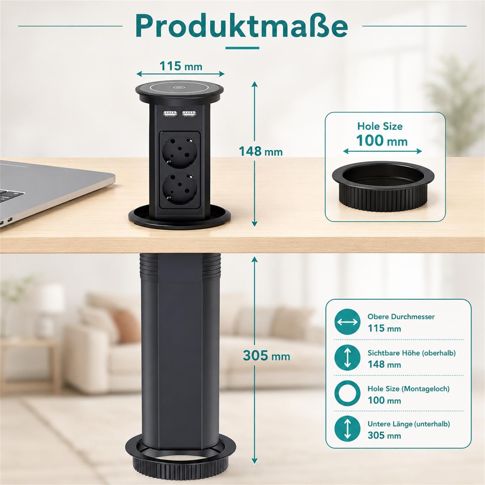 Automatisch Versenkbare Steckdose, Dinolink Tischsteckdose mit 4 Steckdosen, 4 USB Ports, 10W Wireless Charging | Einbausteckdose Versenkbar für Küche, Büro | 1,8m Kabel | Ø100mm