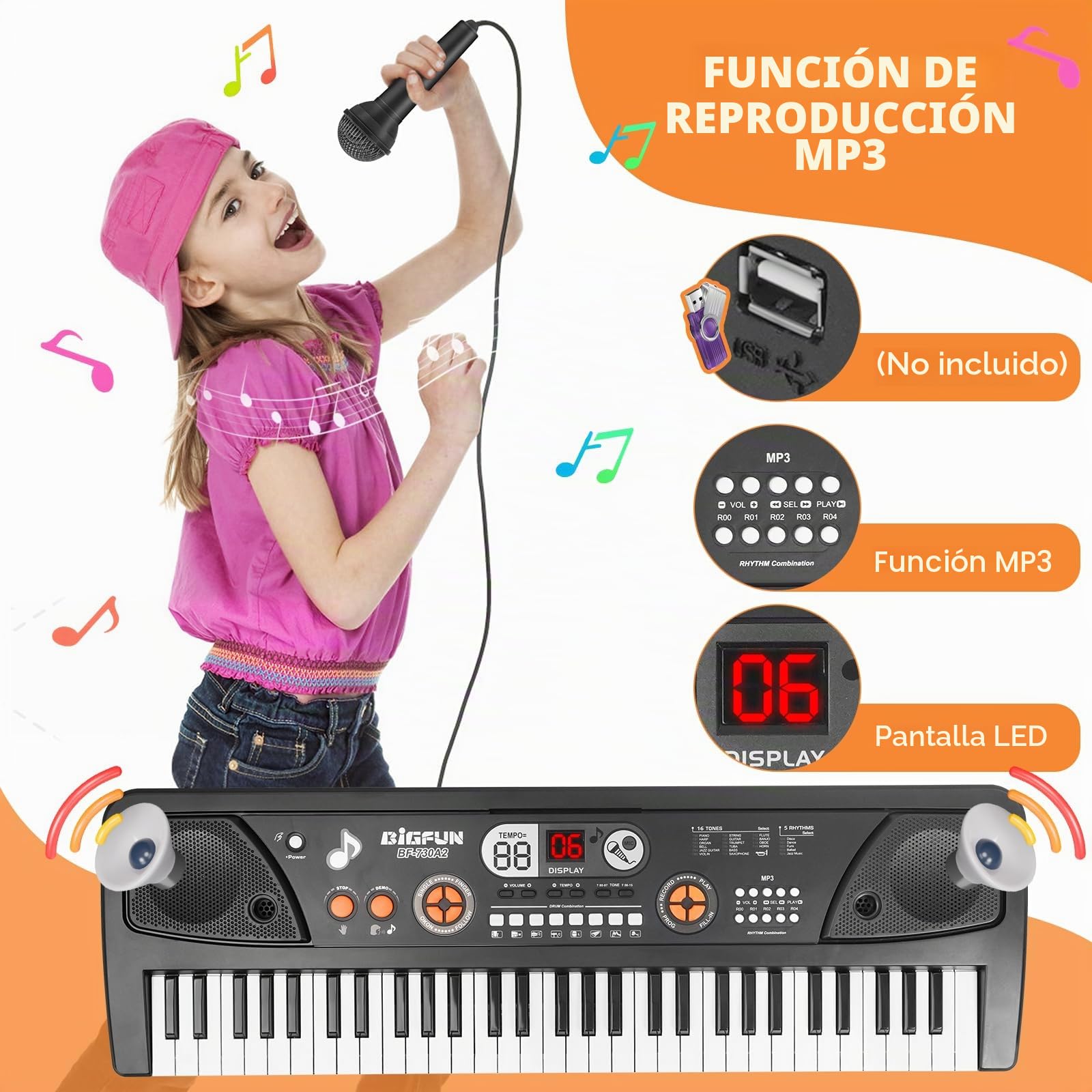 Piano Teclado para Niños 61 Teclas Piano Electrónico Portátil con Pantalla LCD y Micrófono Music Juguete para 3 4 5 6 7 8 Niños Niñas Regalo