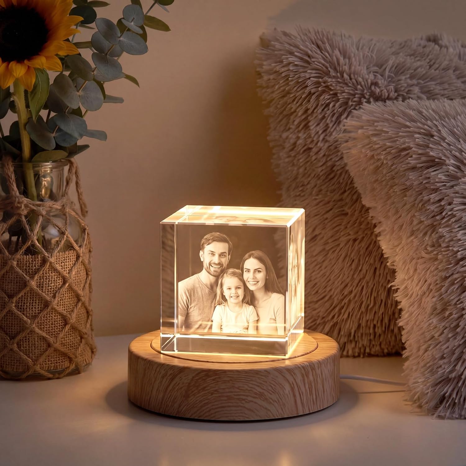 Woanger 2 Pcs 4.5 Inch Rotating Display Stand LED Motorized Turntable Base with 360° Rotation Lighted Base for Crystal Jewelry Display USB & Battery Powered (Classic,Wood Color,)