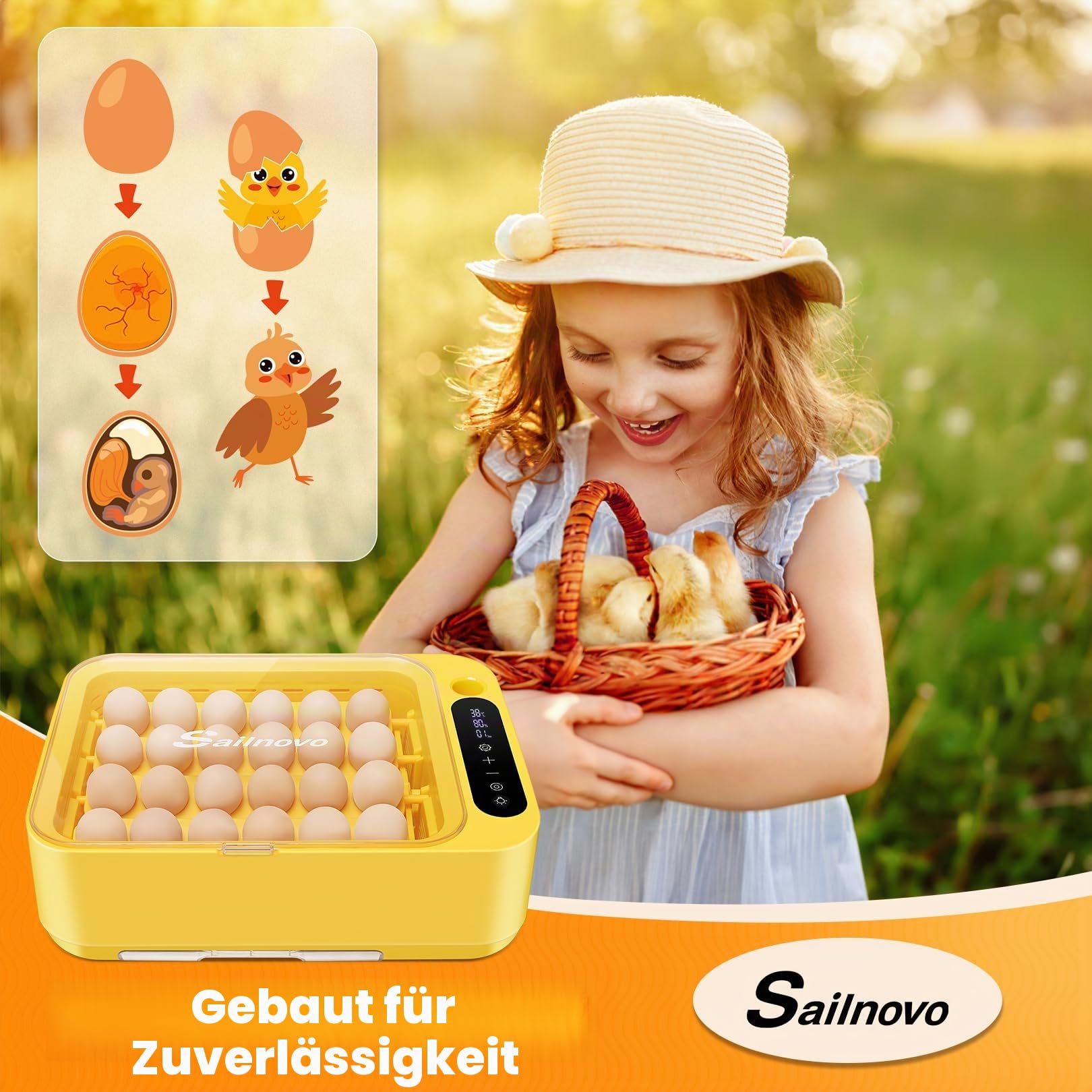 Sailnovo-24 Brutautomat für Hühner, Andere Vögel + 20 Eier + Brutautomat vollautomatisch + Temperaturkontrolle + Feuchtigkeitsanzeige + Externer Wasserzugabe- Gelb