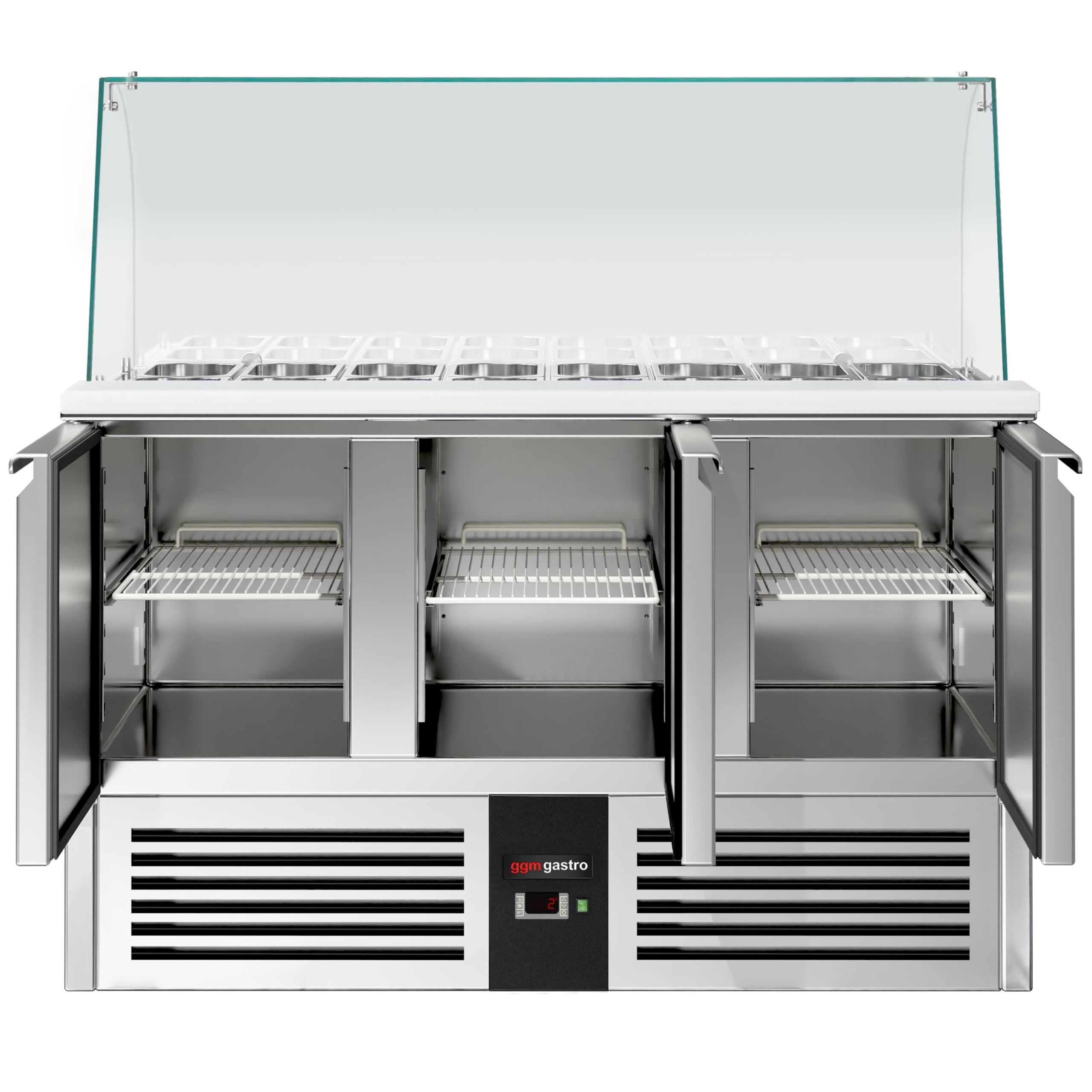 GGM Gastro Saladette PREMIUM - 4x GN 1/1 - Tapa de vidrio alta - 3 puertas - 368 litros - 240 W - Función de descongelación automática - Frente negro - Acero inoxidable - SAG147DRG#GSG147
