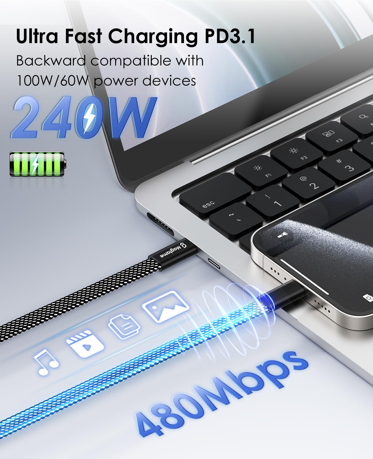 Magtame Cavo USB C, 240 W, magnetico da USB C a USB C, 1.5 m, in nylon intrecciato, tipo C per dispositivo Samsung S22 USB C