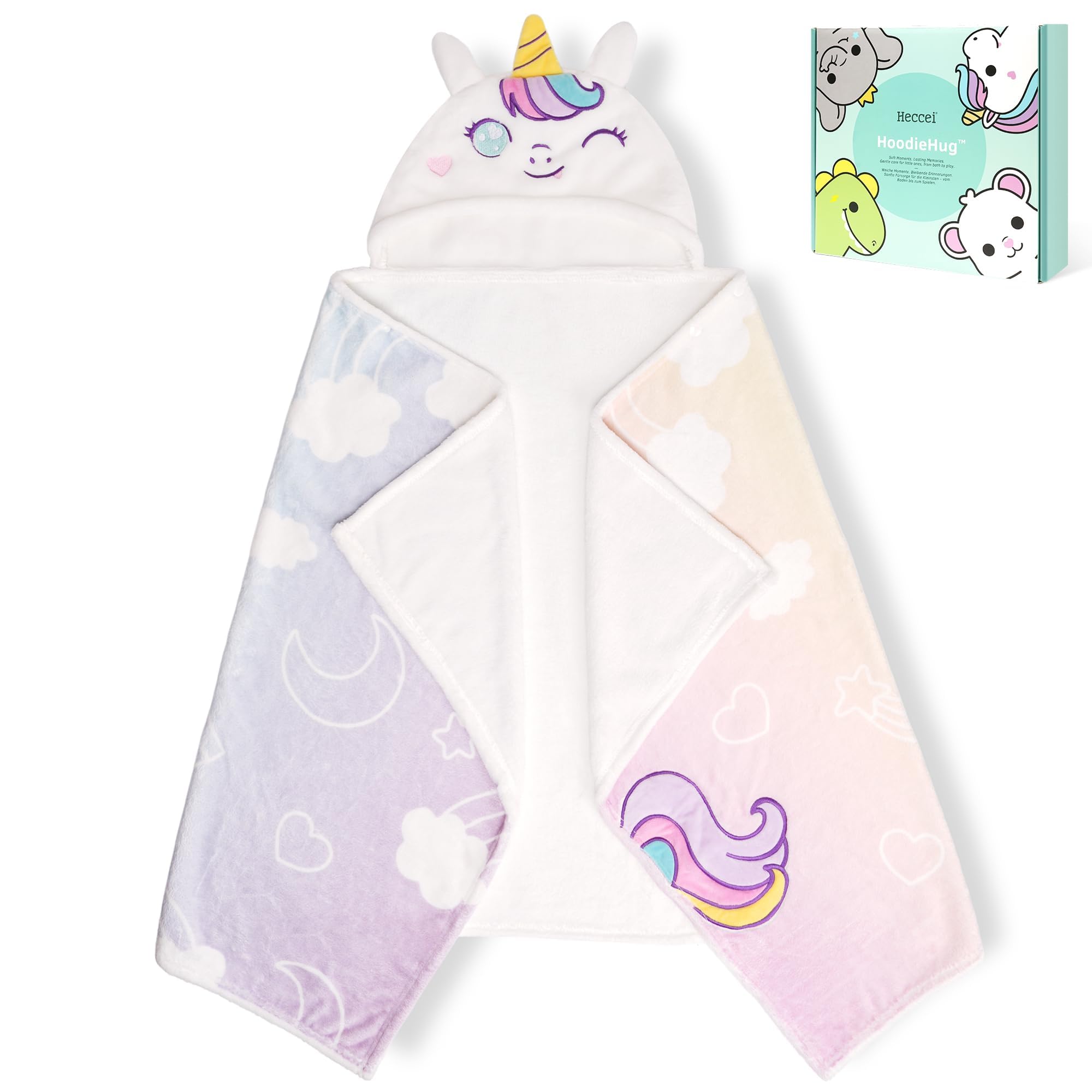 Heccei Hoodiehug-Unicorn Hooded Towel For Toddlers Extra Large 140X70 Cm Kids Bath Towel With Hood, Premium Soft & Absorbent Baby Towel For Swimming Beach After Bath