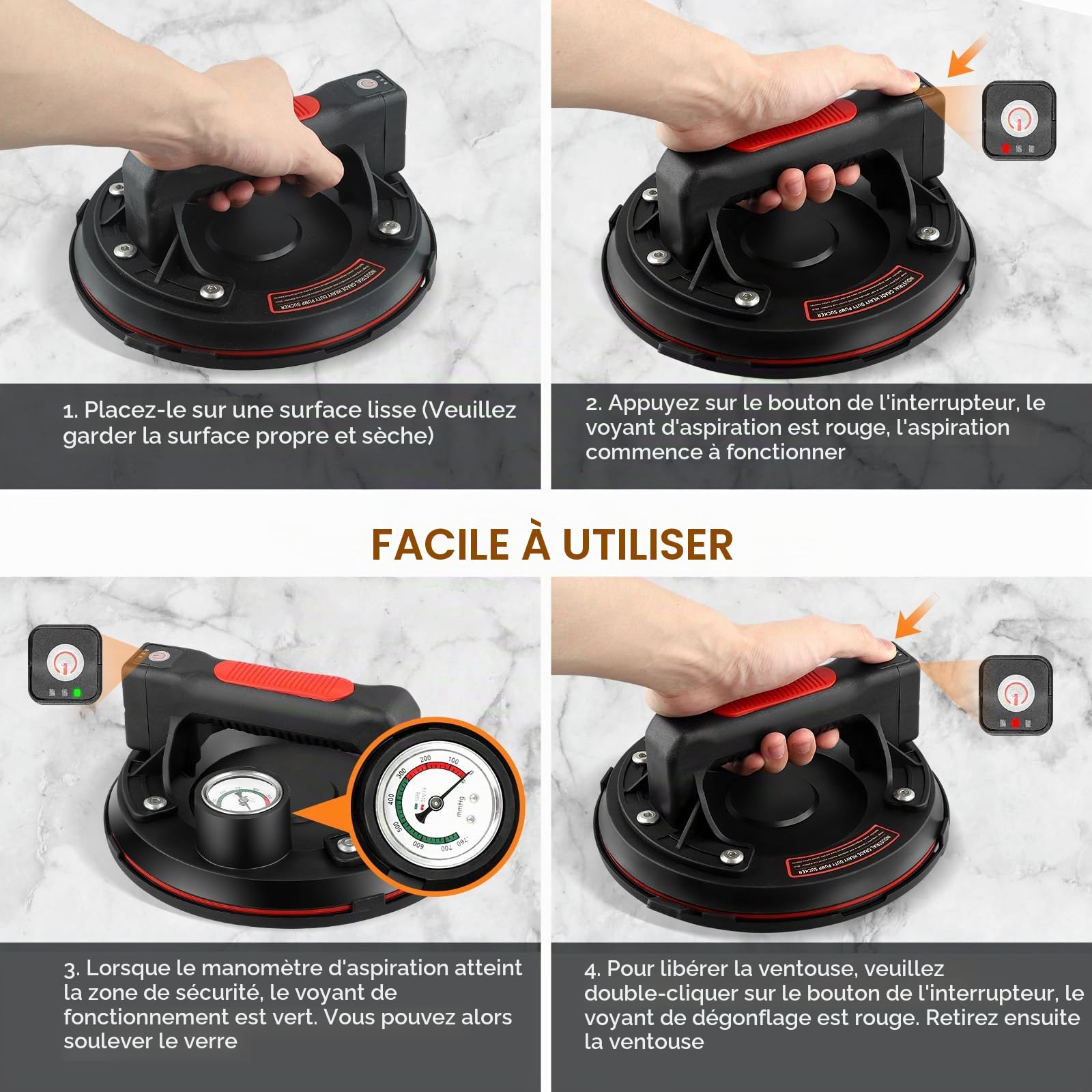 Ventouse Carrelage Electrique avec Manomètre Pompe Ventouse de Levage en Verre, 1 Pièces 8" Ventouse Vitre Professionnelle Jusqu'À 300 kg avec Boîte à Outils Portable Accessoires