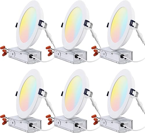 TORCHSTAR Iluminación empotrable LED delgada de 6 pulgadas con caja J, 2700K3000K3500K4000K5000K seleccionable, CRI 90+, 1000LM regulable 5CCT LED