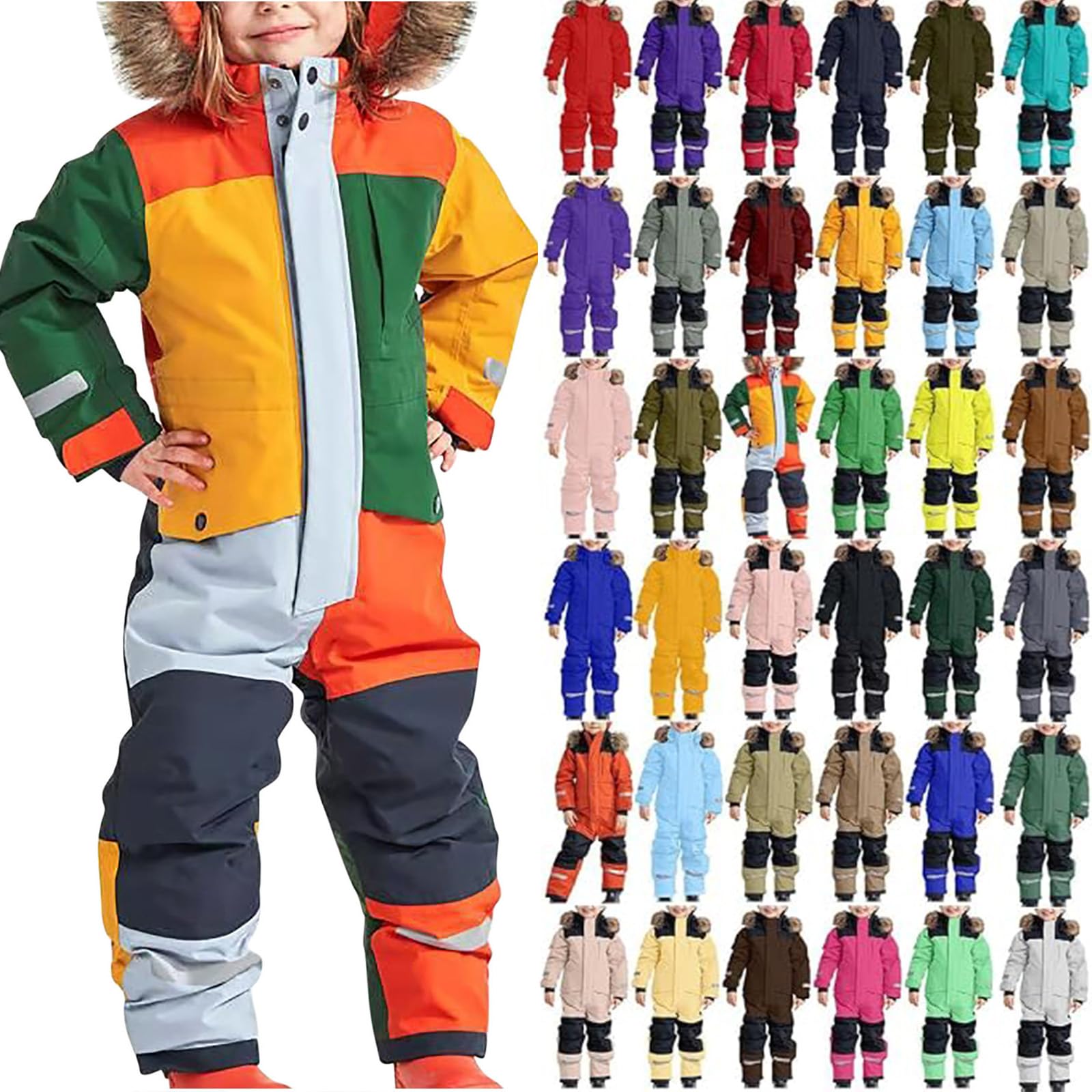 Kids One Piece Snowsuit Waterproof Windproof Fur Hood Ski Suit