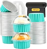 Vista 1 de Moldes para Cupcakes con Tapas de Cúpula Paquete de 100, LNYZQUS Mini Moldes de Aluminio de 5oz para Hornear Tazas para Muffins, Ramekins Azul Cian