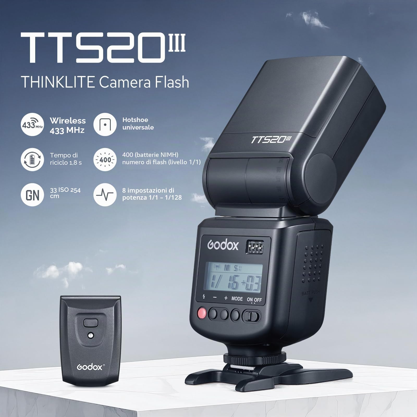 GODOX TT520III TT520 III Flash Speedlite per Fotocamera, Flash con Trasmettitore Ricevitore Compatibile con Fotocamere Canon Nikon Sony Olympus Fujifilm Panasonic