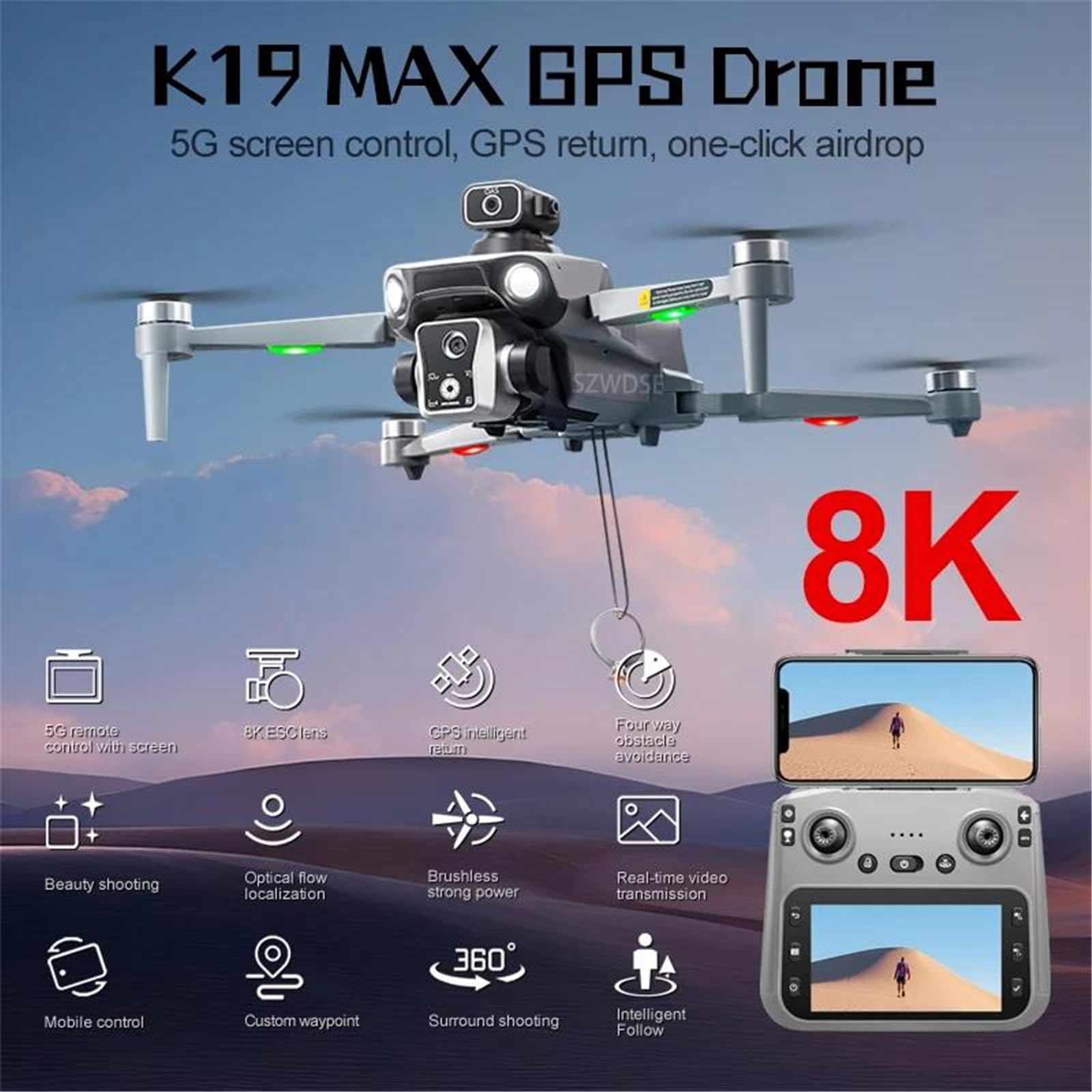 Nuevo dron k19 MAX GPS Profesional con cámara 4k, FPV, cámara aérea, Cepillo para Evitar obstáculos con Pantalla Grande, Control Remoto, dron Plegable,Triple Battery