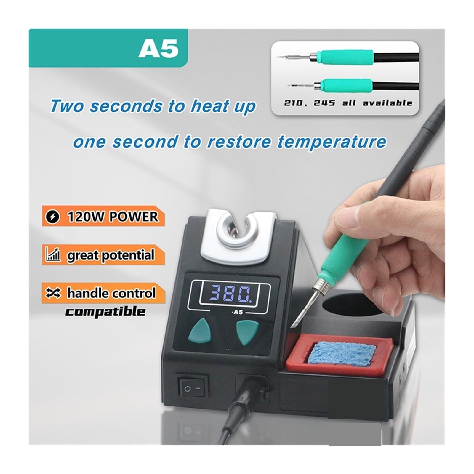 Estación de soldadura A5 compatible con puntas de soldador JBC C210/C245/C115 Mango Estación de retrabajo de soldadura electrónica sin plomo(A5-210-3tips)