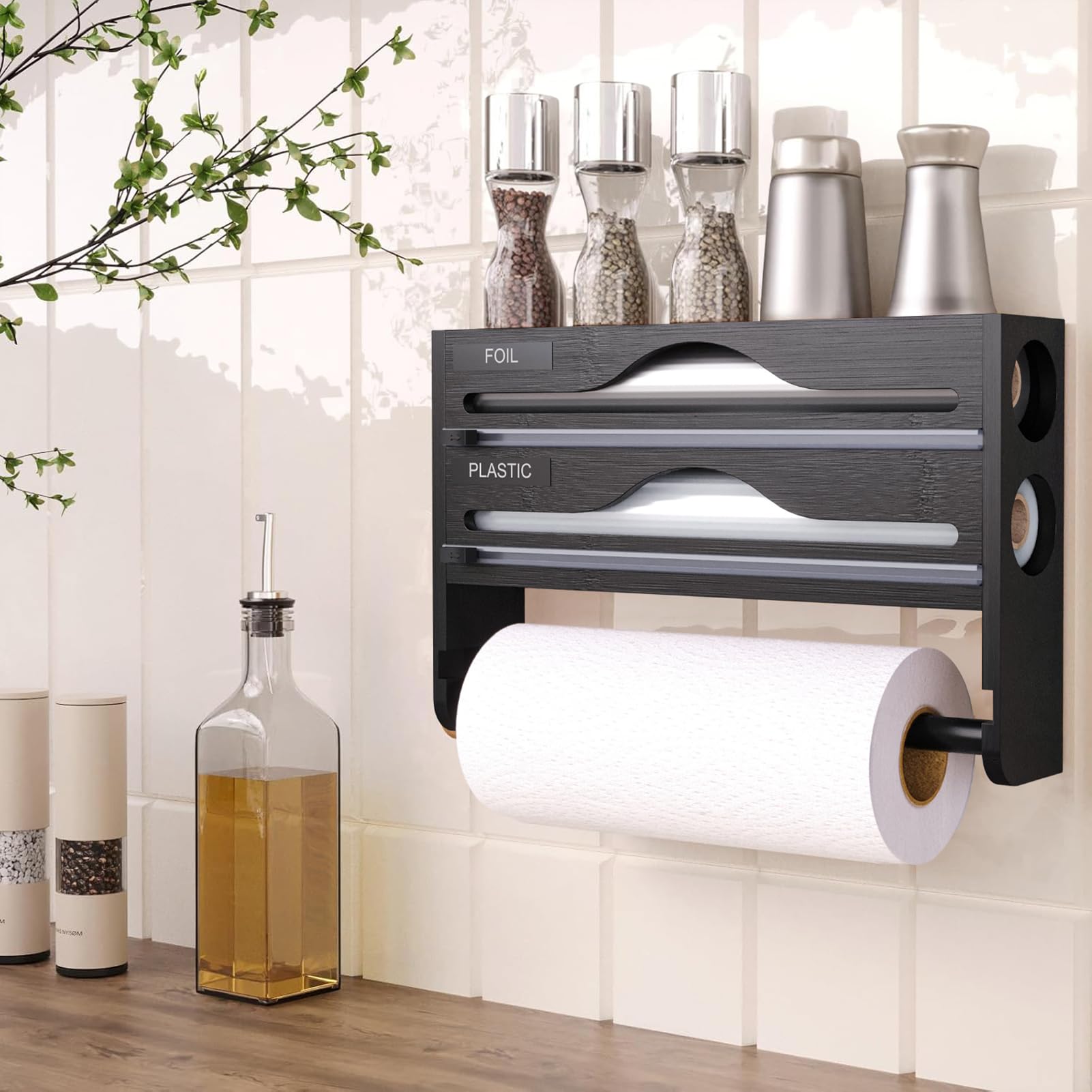 Cling Film and Foil Dispenser and Cutter Wall Mounted Cling Film Wrap Dispenser Organizer with Roll Holder and Labels, Kitchen Organizer & Holder Compatible with 12'' Roll