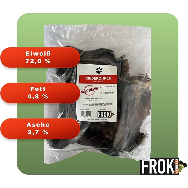 Foto 2 de 3 de FROKI Orejas de vacuno premium con pelo para perros grandes y pequeños, 10 unidades, 100 % vacuno