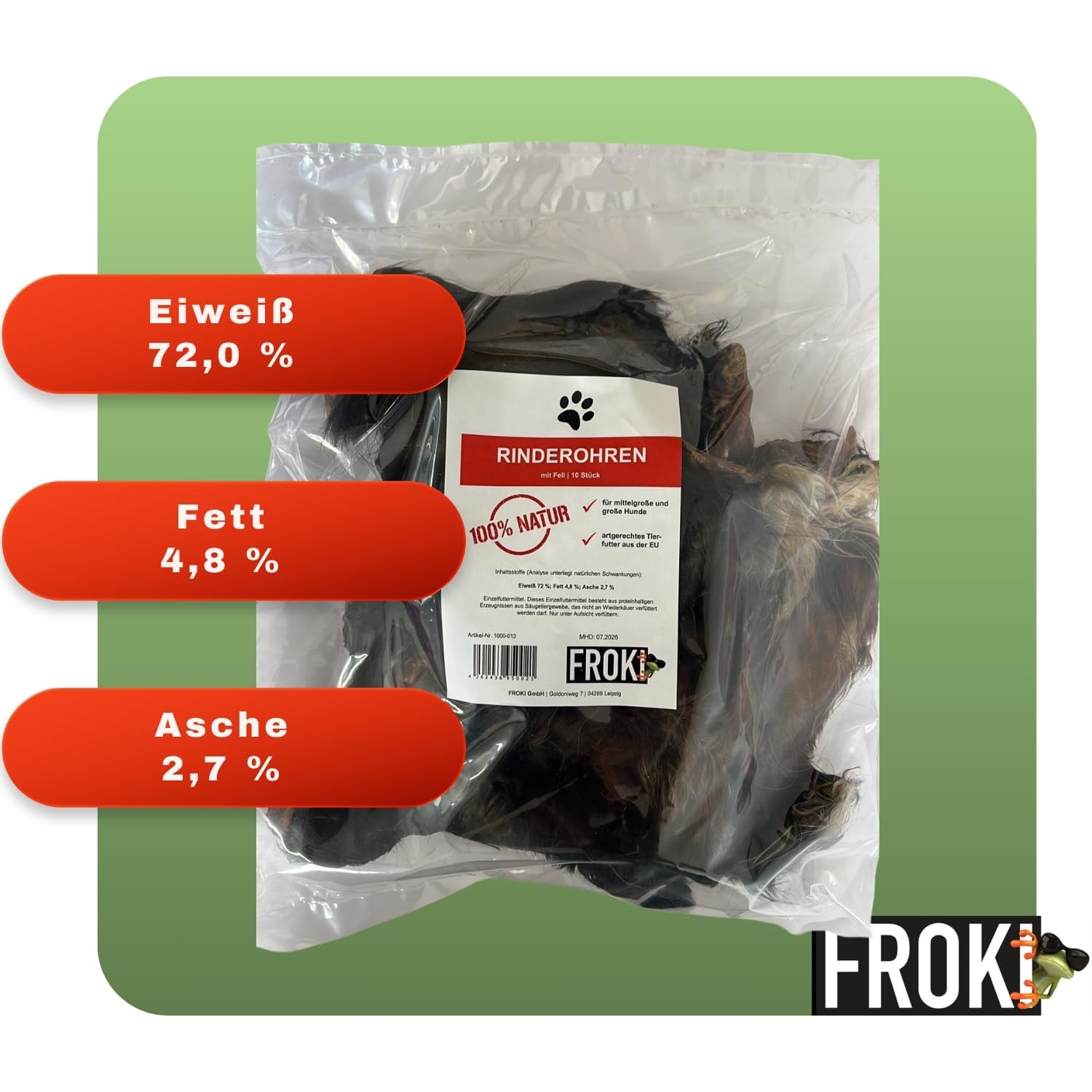 FROKI Lot de 10 oreilles de bœuf de qualité supérieure avec fourrure pour grands et petits chiens - 100 % bœuf - 100 % naturel - Friandises pour chien - Friandises à mâcher naturelles - Soin dentaire
