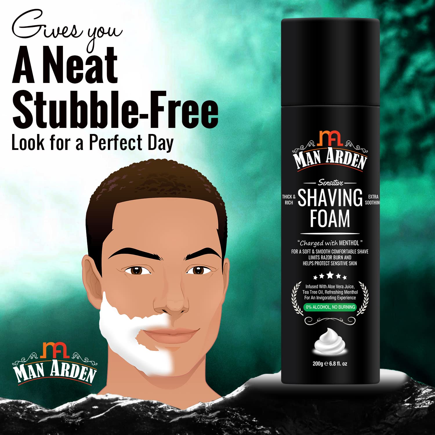 Man Arden Shaving Foam For Sensitive Skin - Charged with Menthol, Aloevera and Tea Tree, 200g x Pack Of 2 2