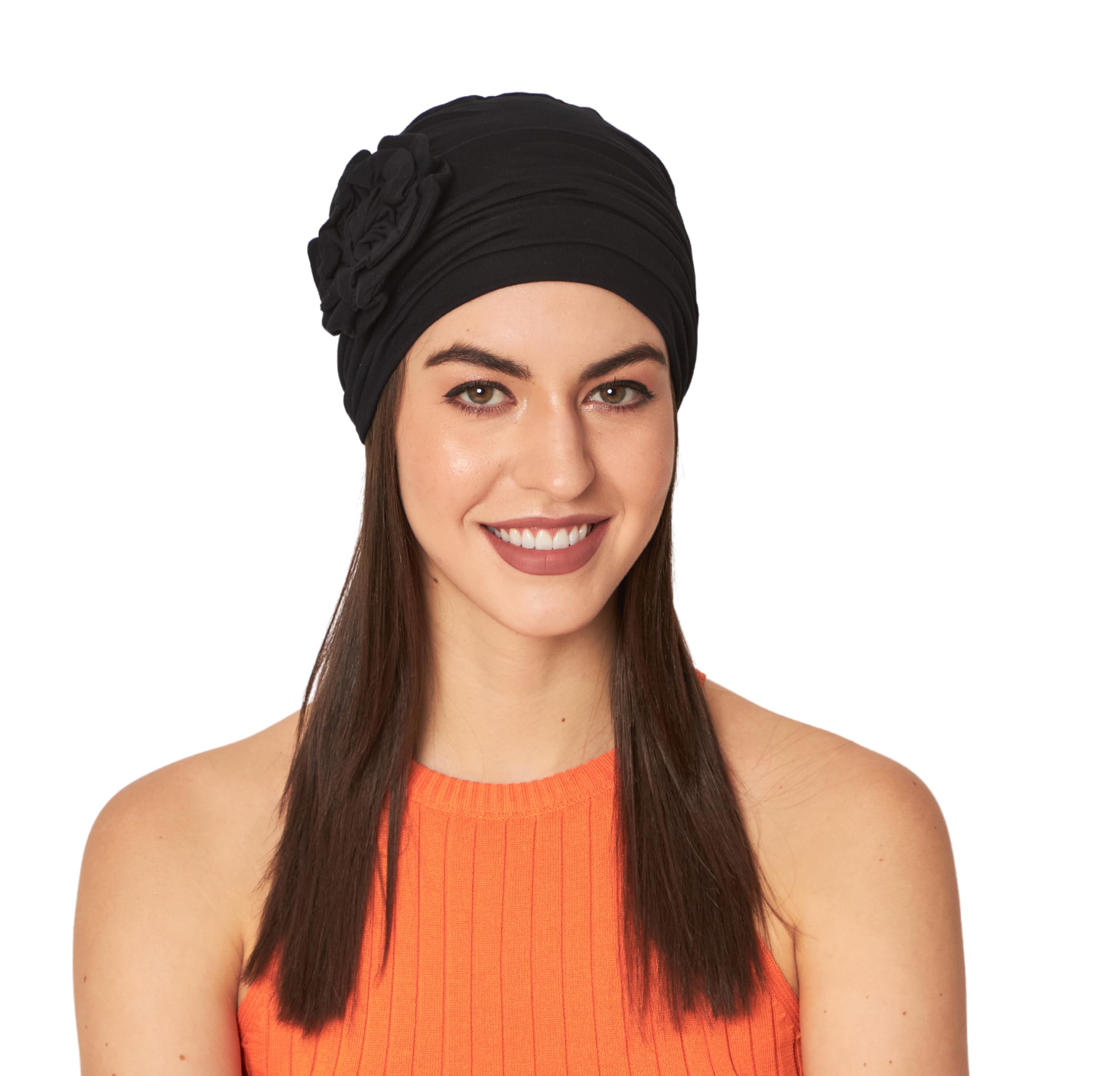 Jedwabisty miękki bambusowy wielokolorowy luźny styl swobodny rozmiar kwiatowa łatka czapka dla kobiet pacjentów po chemioterapii, Czarny, Medium-4X-Large